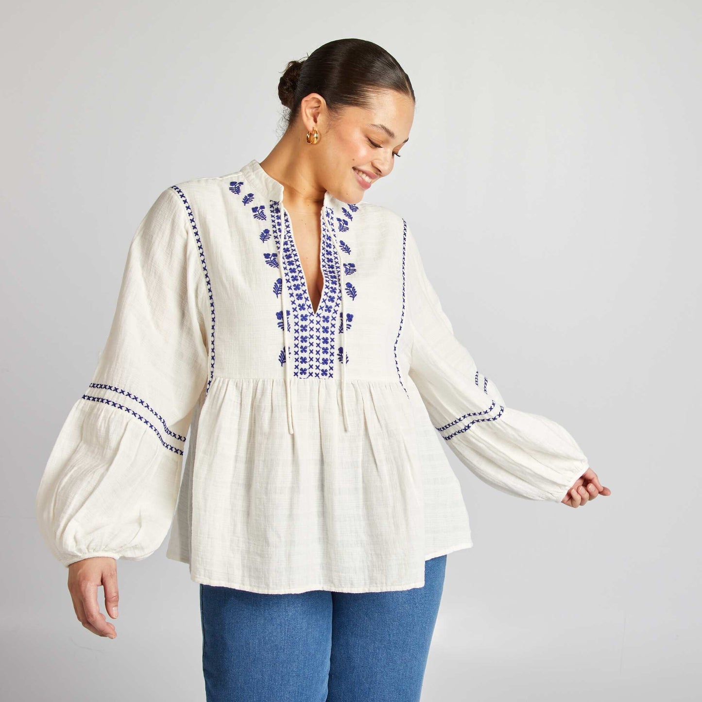 Embroidered cotton gauze blouse WHITE