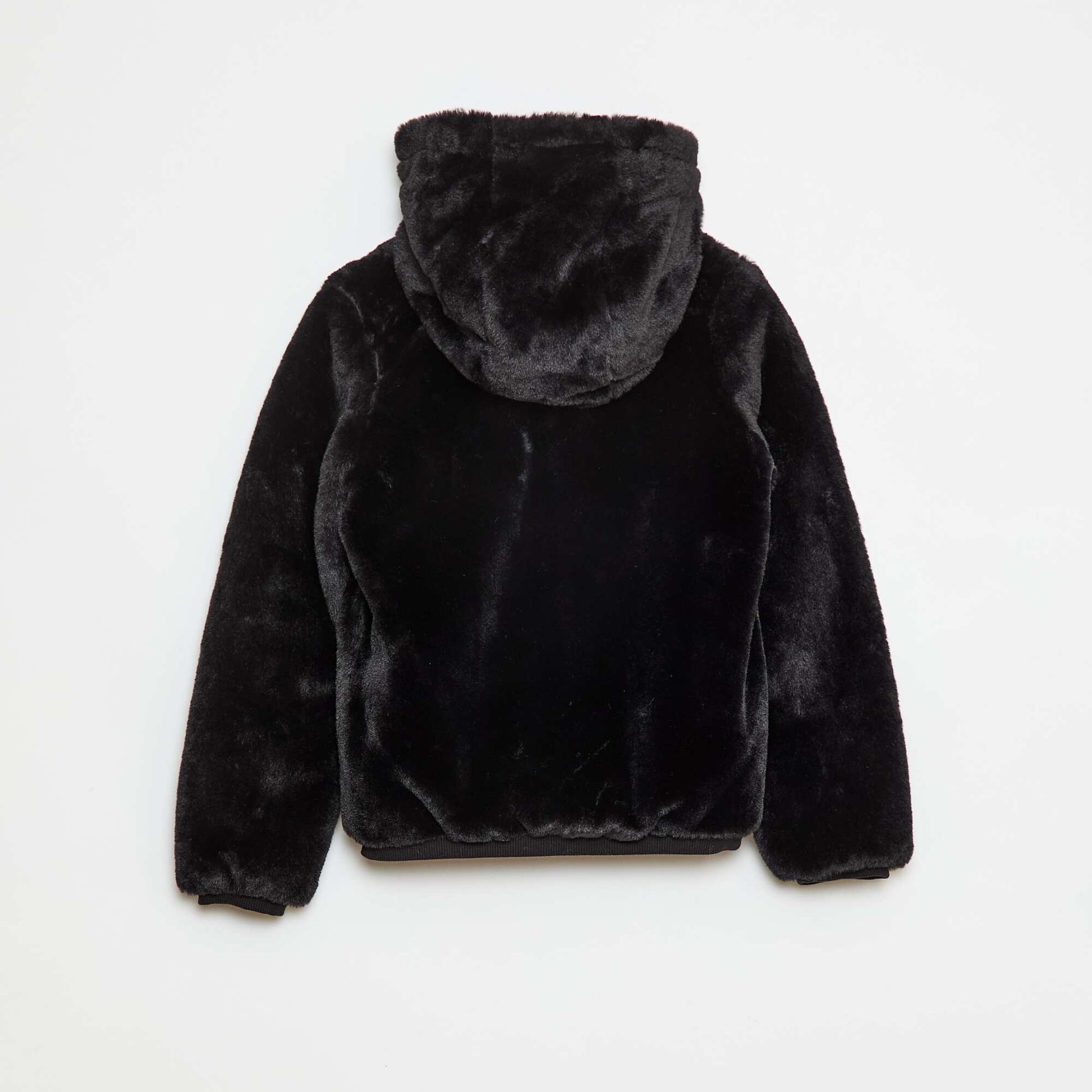 Faux Fur Zip-Up Hooded Jacket BLACK