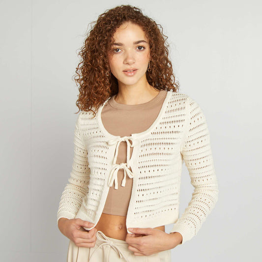 Crochet cardigan with ties BEIGE