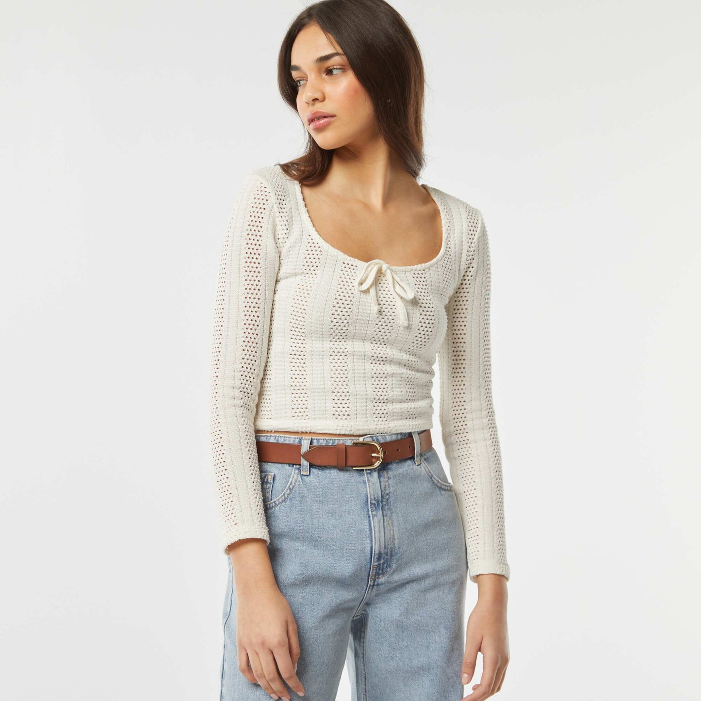 Long-sleeved T-shirt in openwork crochet knit WHITE