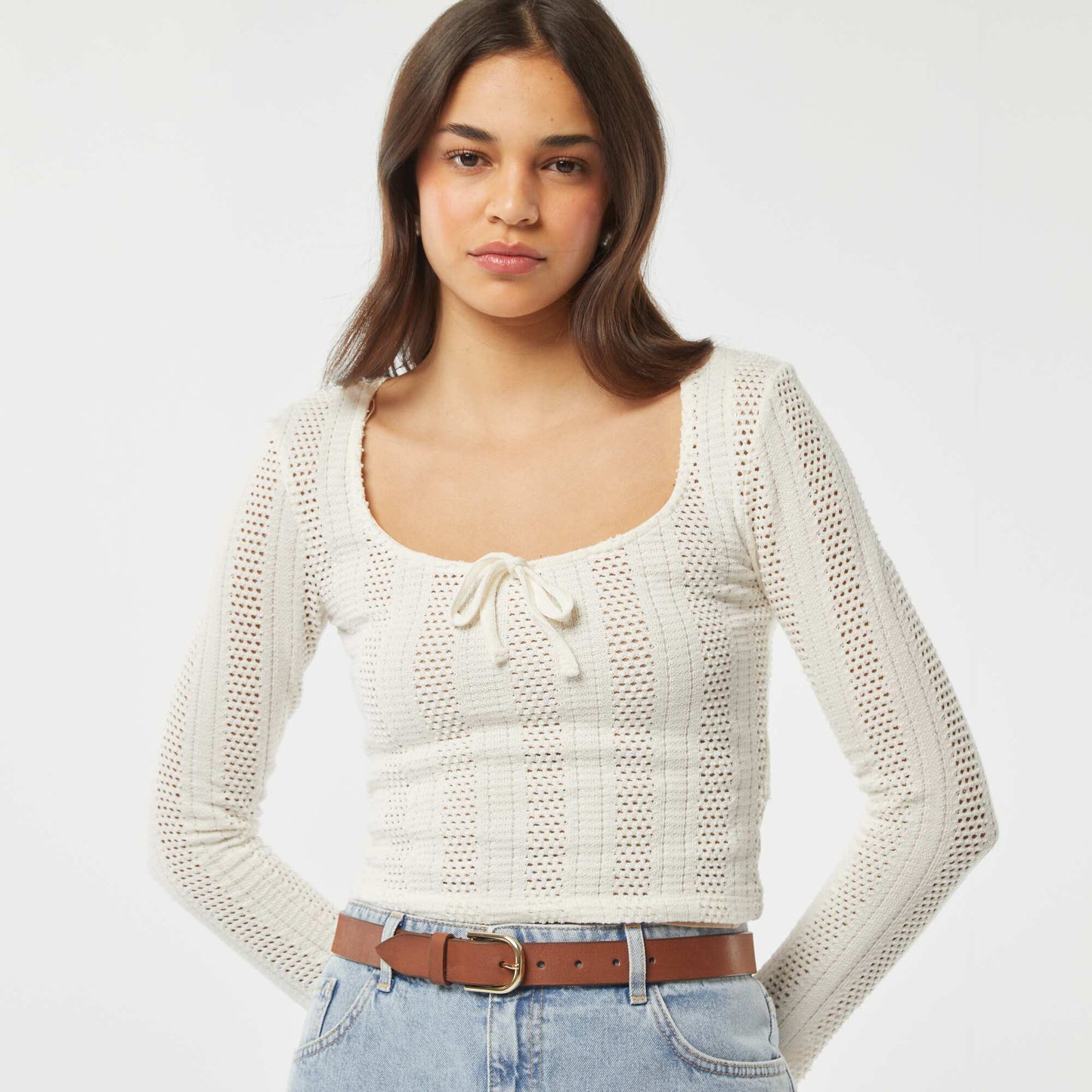 Long-sleeved T-shirt in openwork crochet knit WHITE