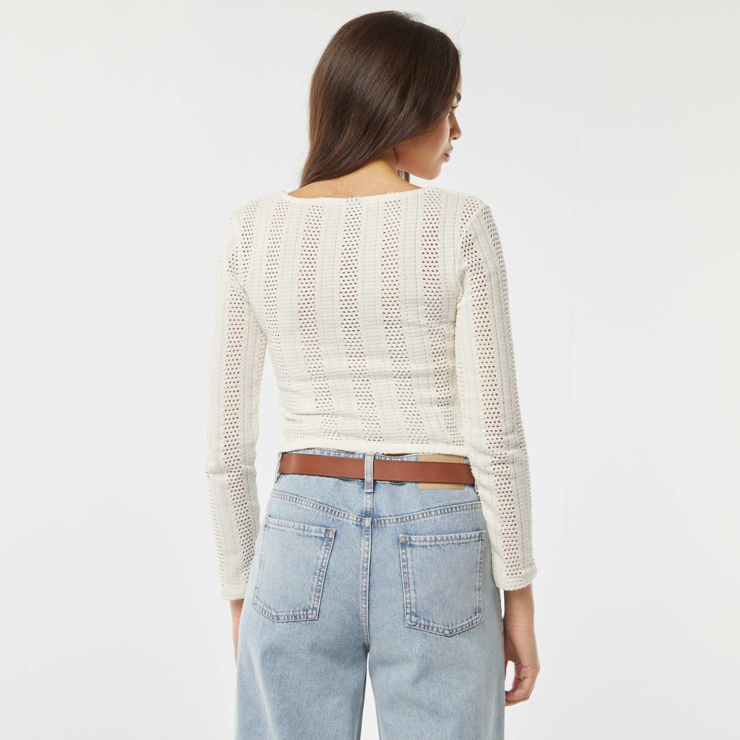 Long-sleeved T-shirt in openwork crochet knit WHITE