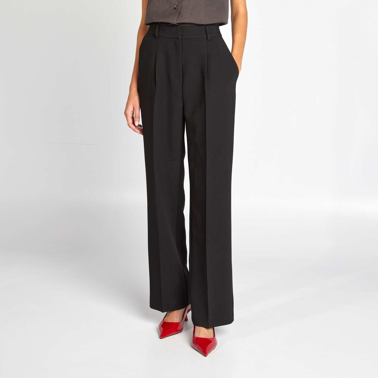 Wide-leg plain high-waisted trousers BLACK