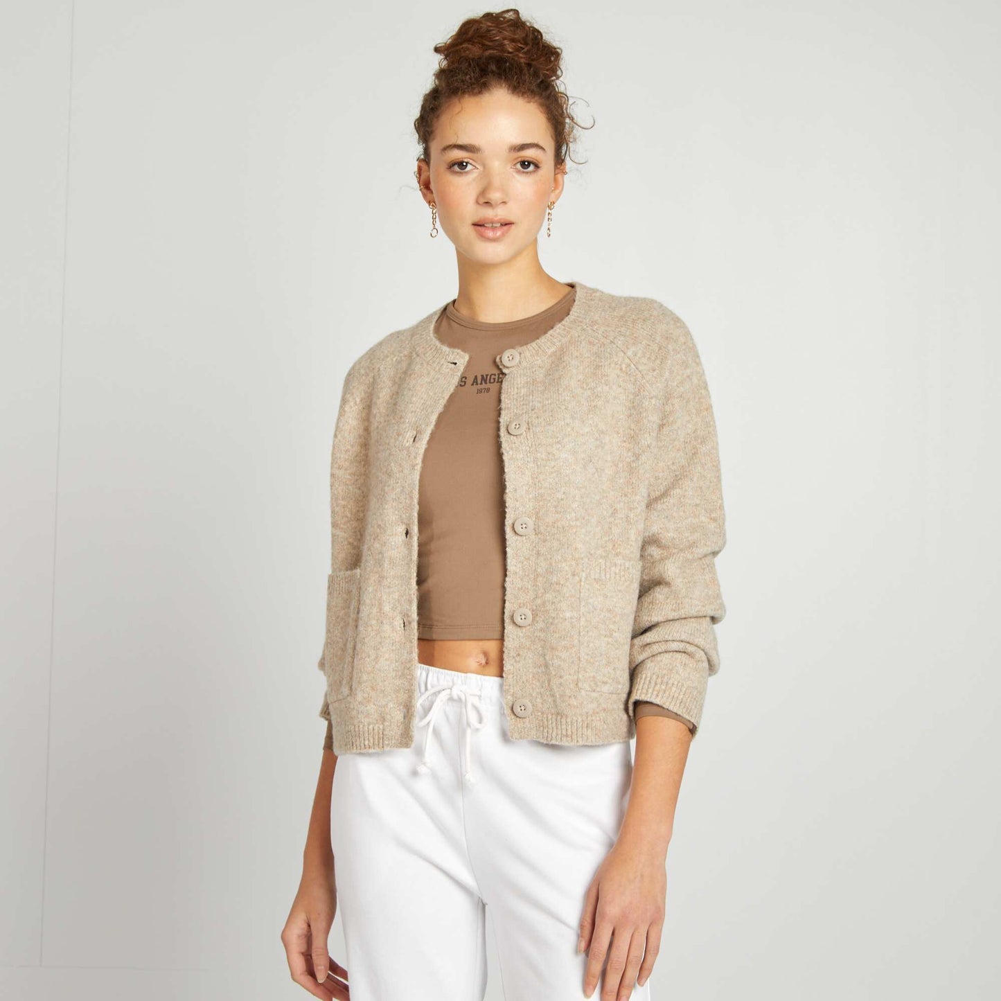 Warm cardigan with pockets BROWN