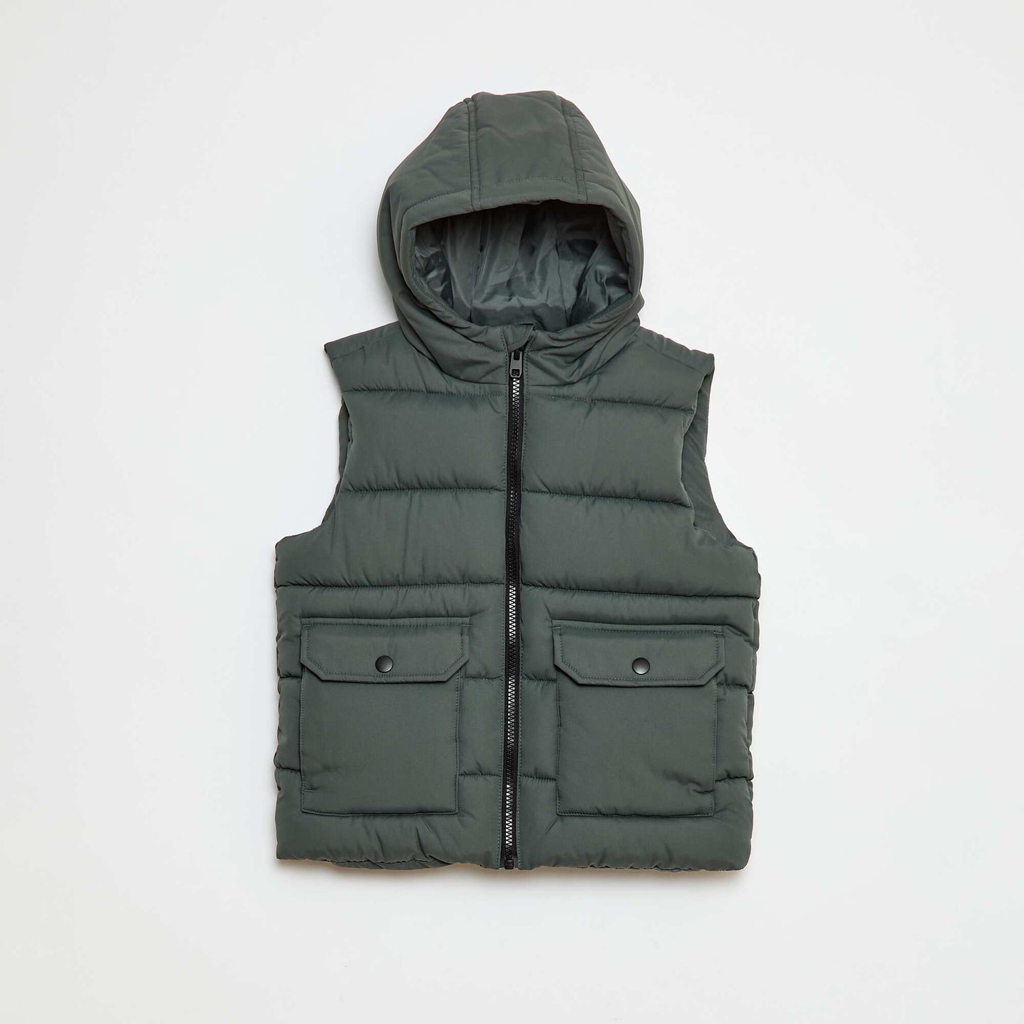 Sleeveless Water-Repellent Puffer Jacket with Flap Pocket and Hood KHAKI