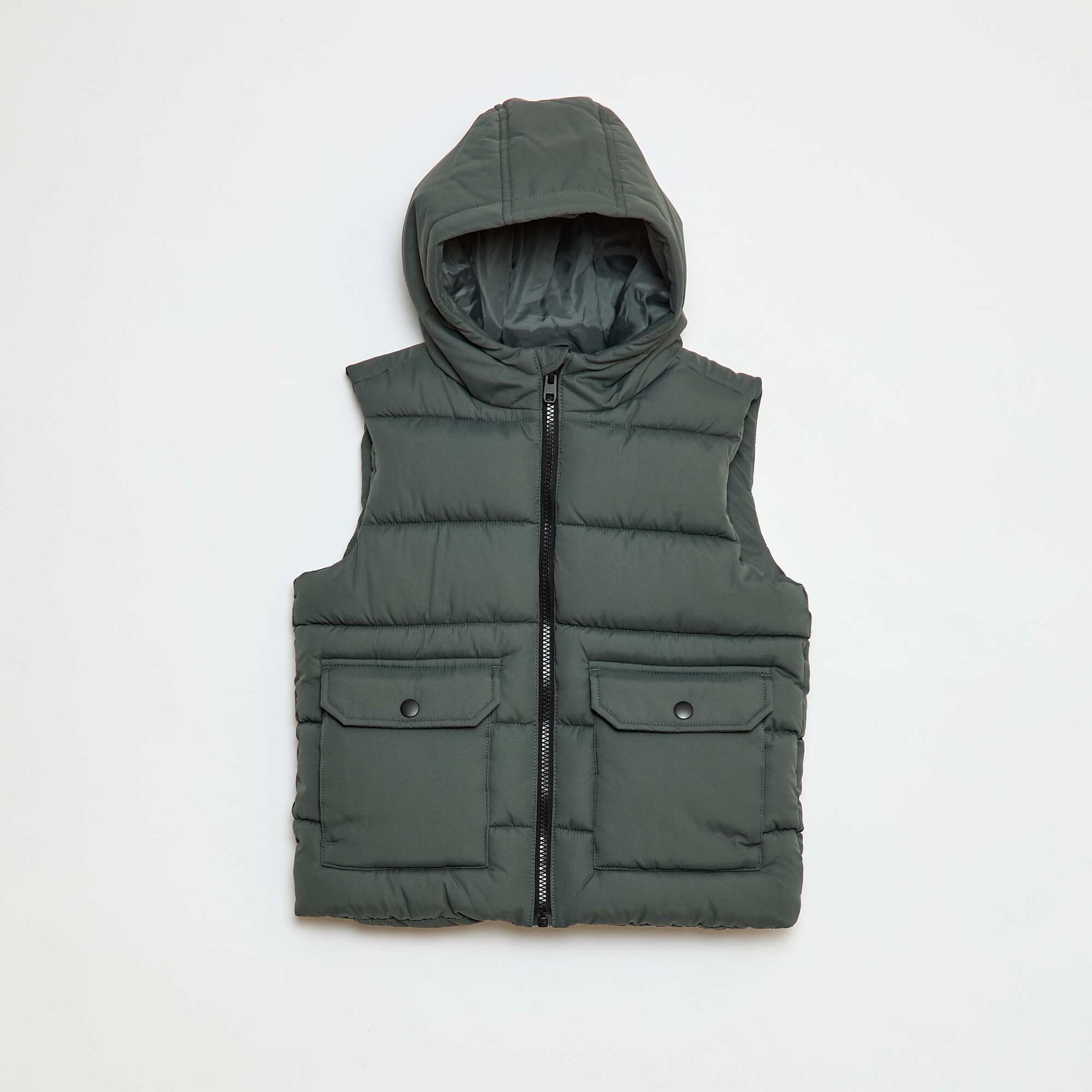 Sleeveless Water-Repellent Puffer Jacket with Flap Pocket and Hood KHAKI