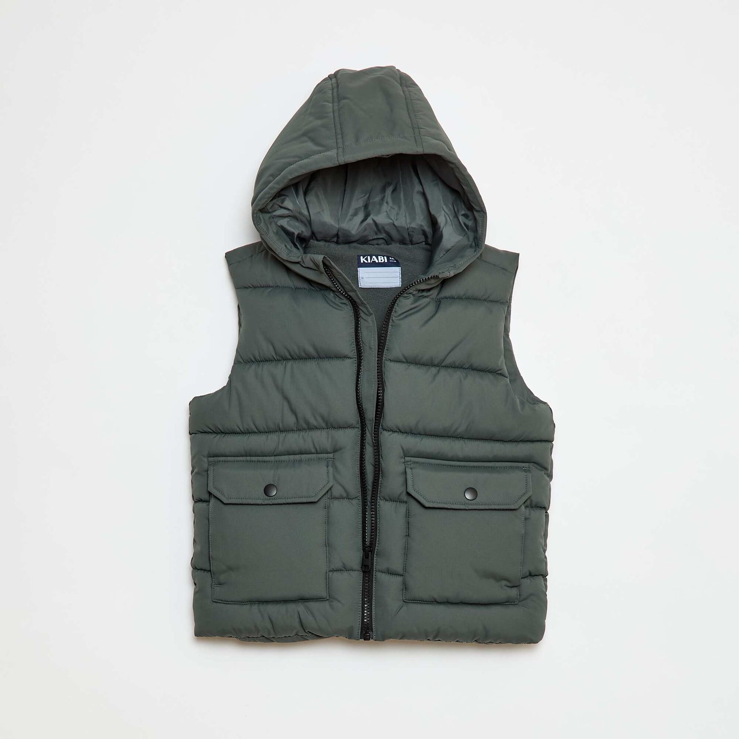 Sleeveless Water-Repellent Puffer Jacket with Flap Pocket and Hood KHAKI