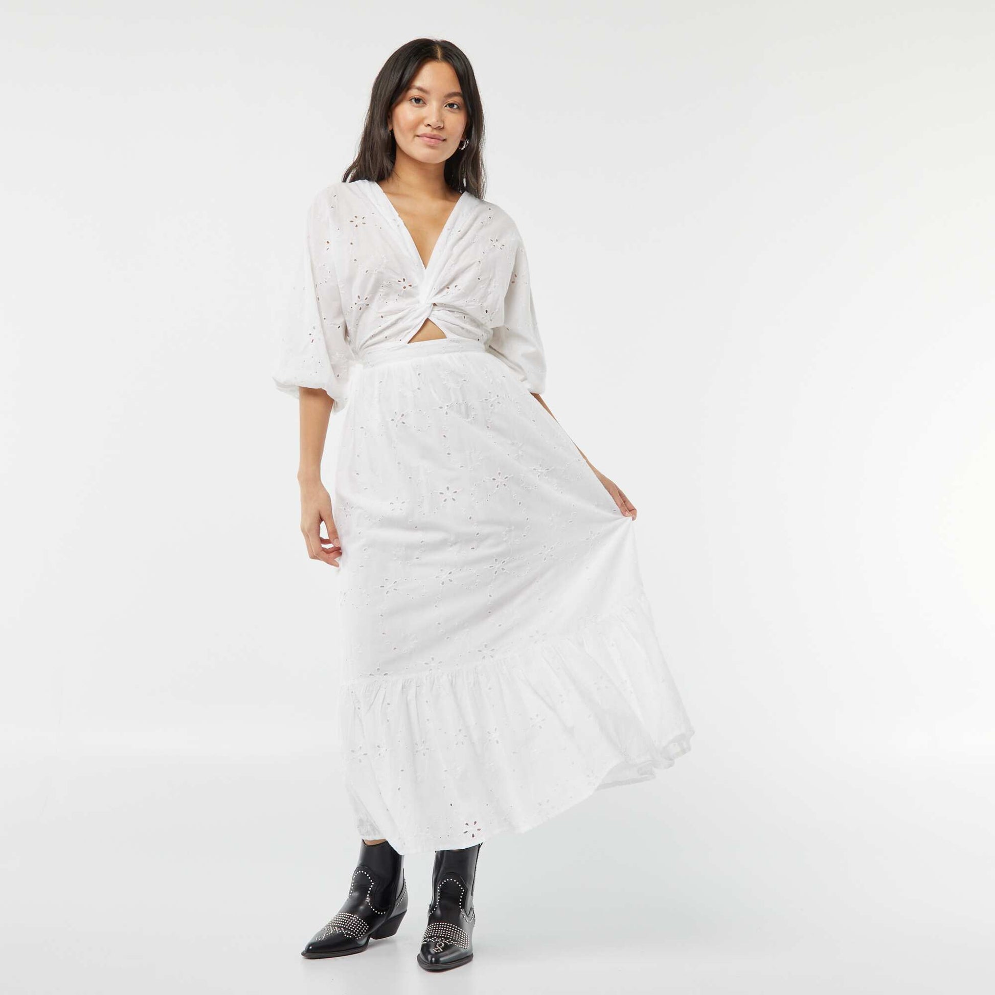 Long dress with broderie anglaise and ruffle at the hem WHITE