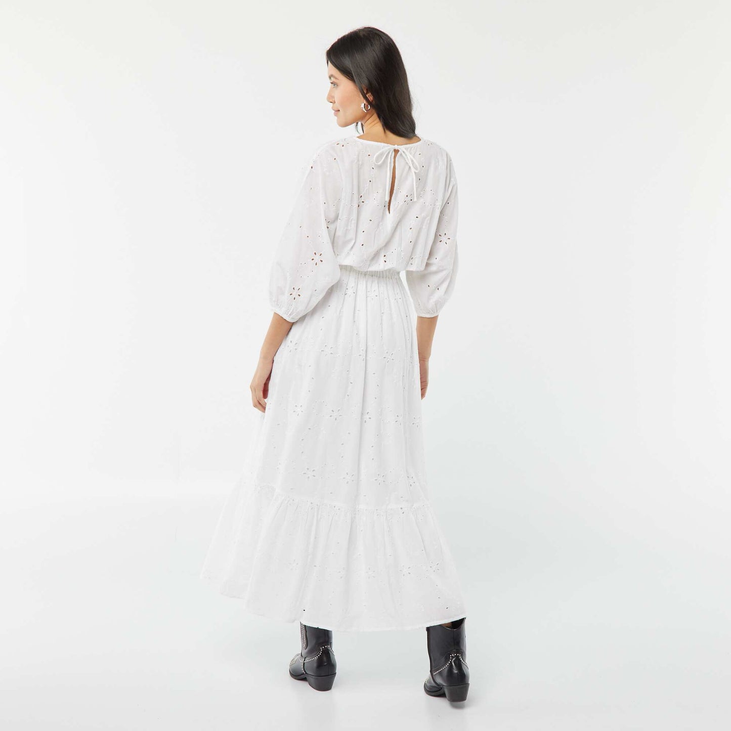 Long dress with broderie anglaise and ruffle at the hem WHITE