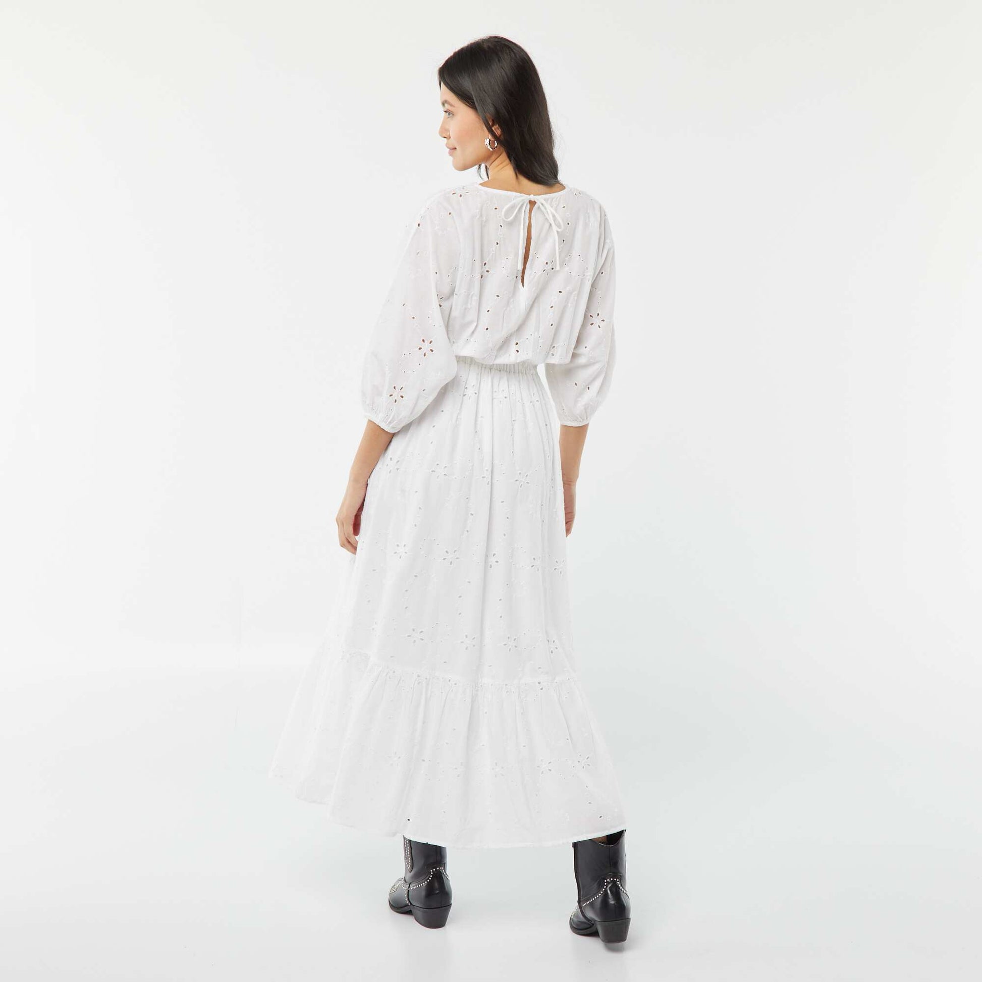 Long dress with broderie anglaise and ruffle at the hem WHITE
