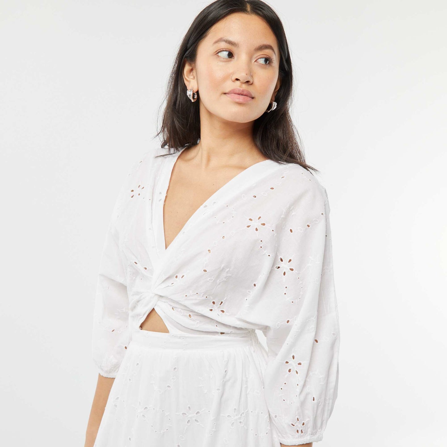 Long dress with broderie anglaise and ruffle at the hem WHITE