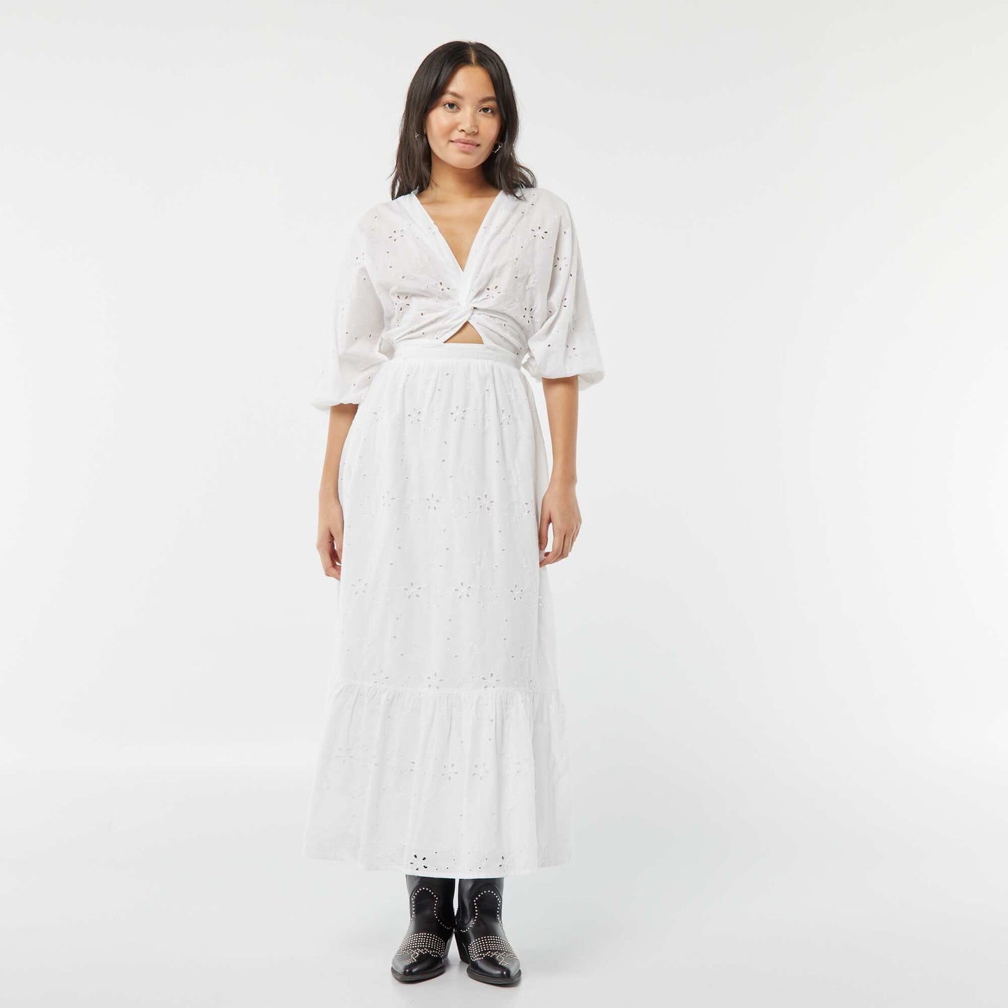 Long dress with broderie anglaise and ruffle at the hem WHITE