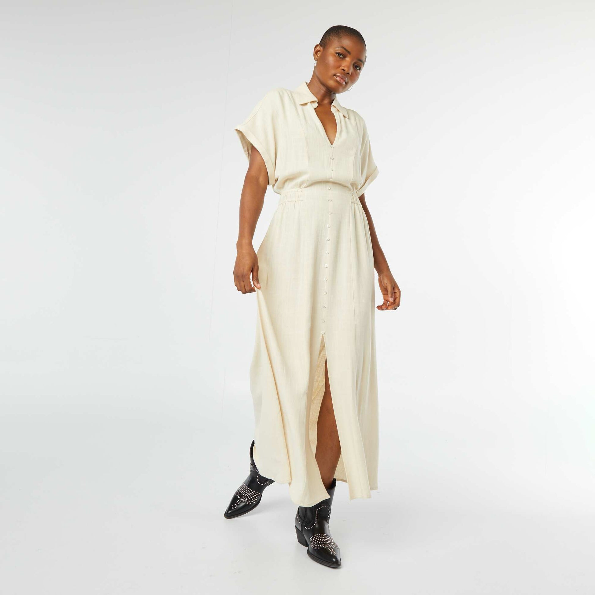 Buttoned midi dress with shirt collar BEIGE