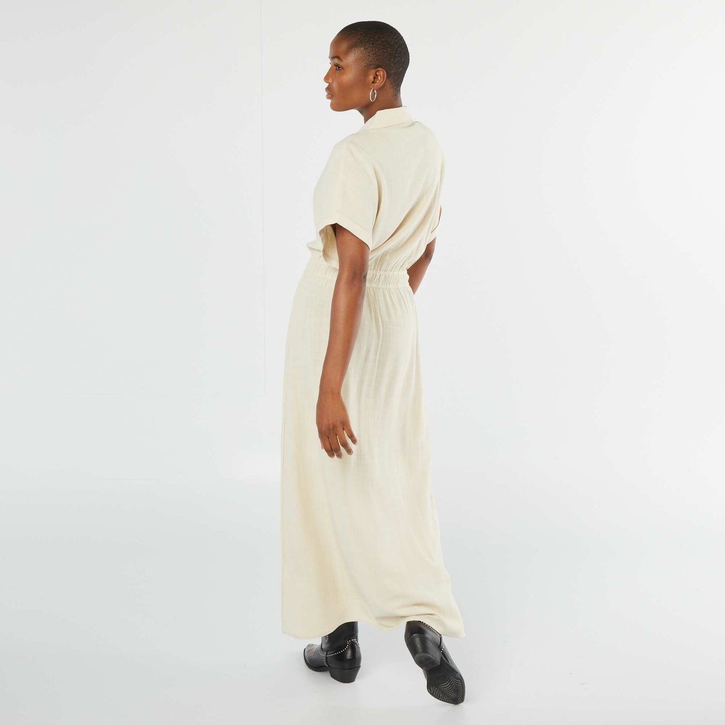 Buttoned midi dress with shirt collar BEIGE