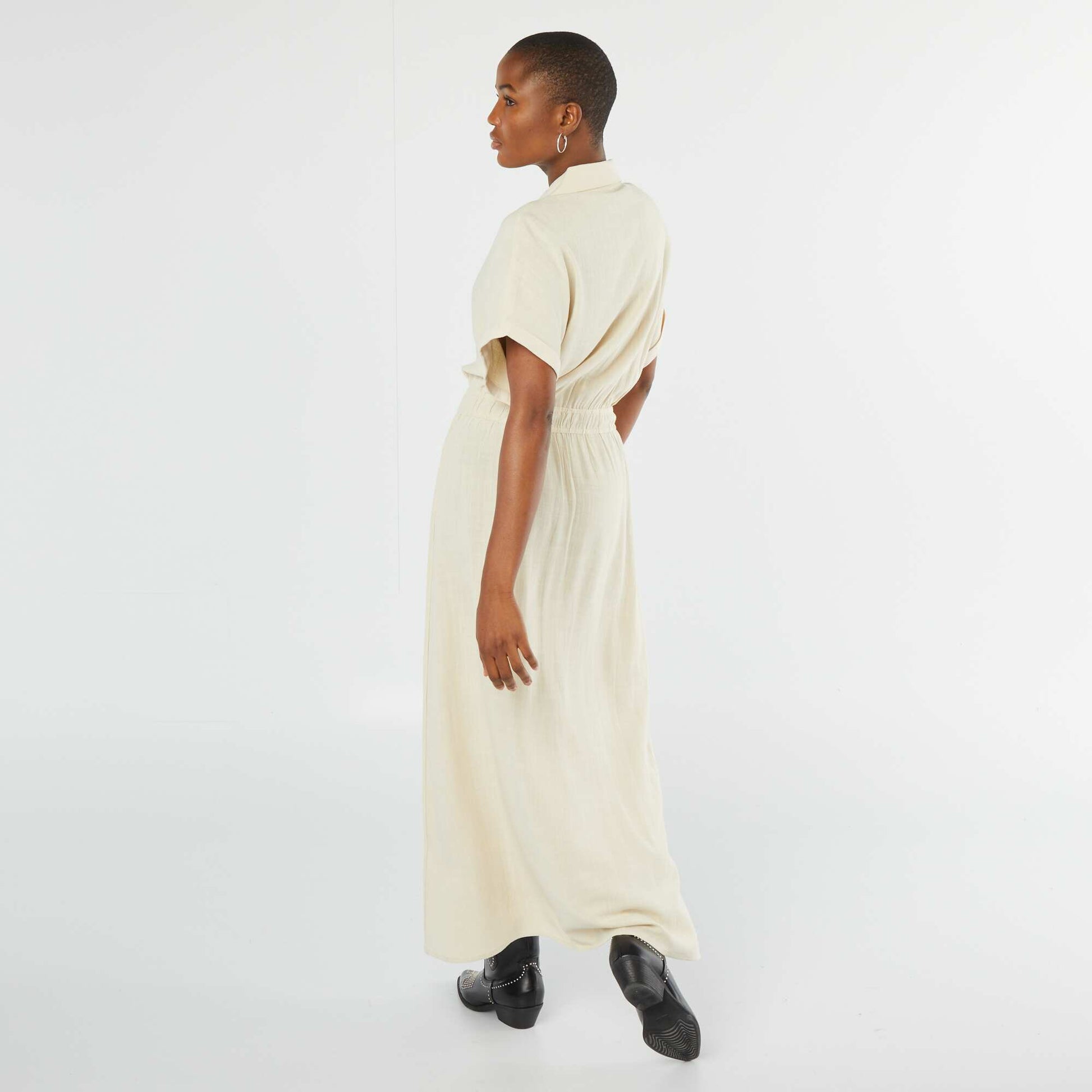 Buttoned midi dress with shirt collar BEIGE