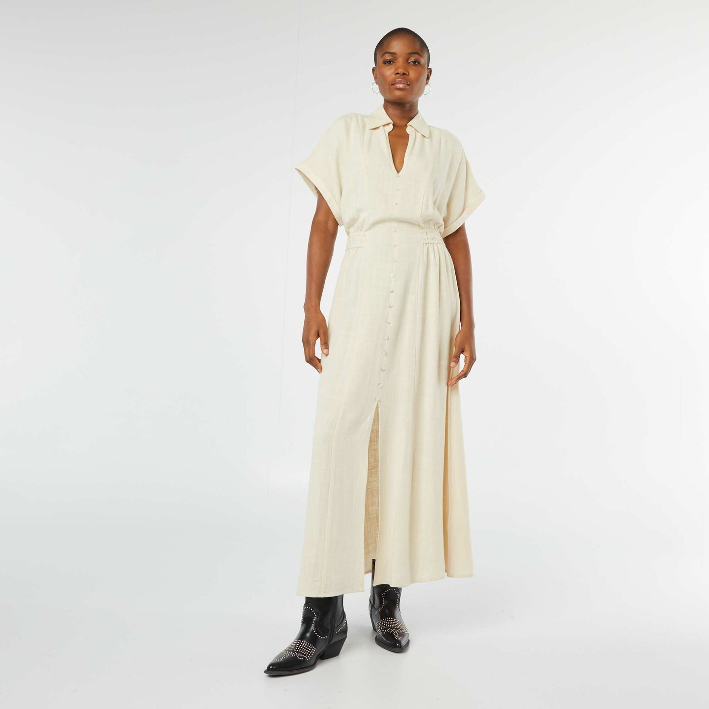 Buttoned midi dress with shirt collar BEIGE