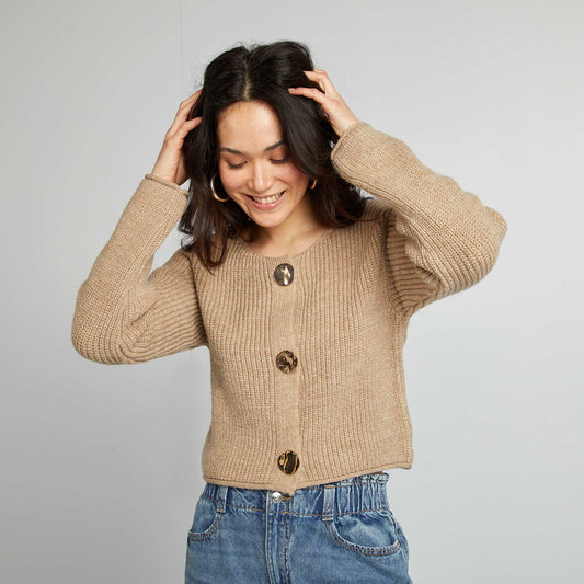 Chunky knit cardigan with large buttons BROWN