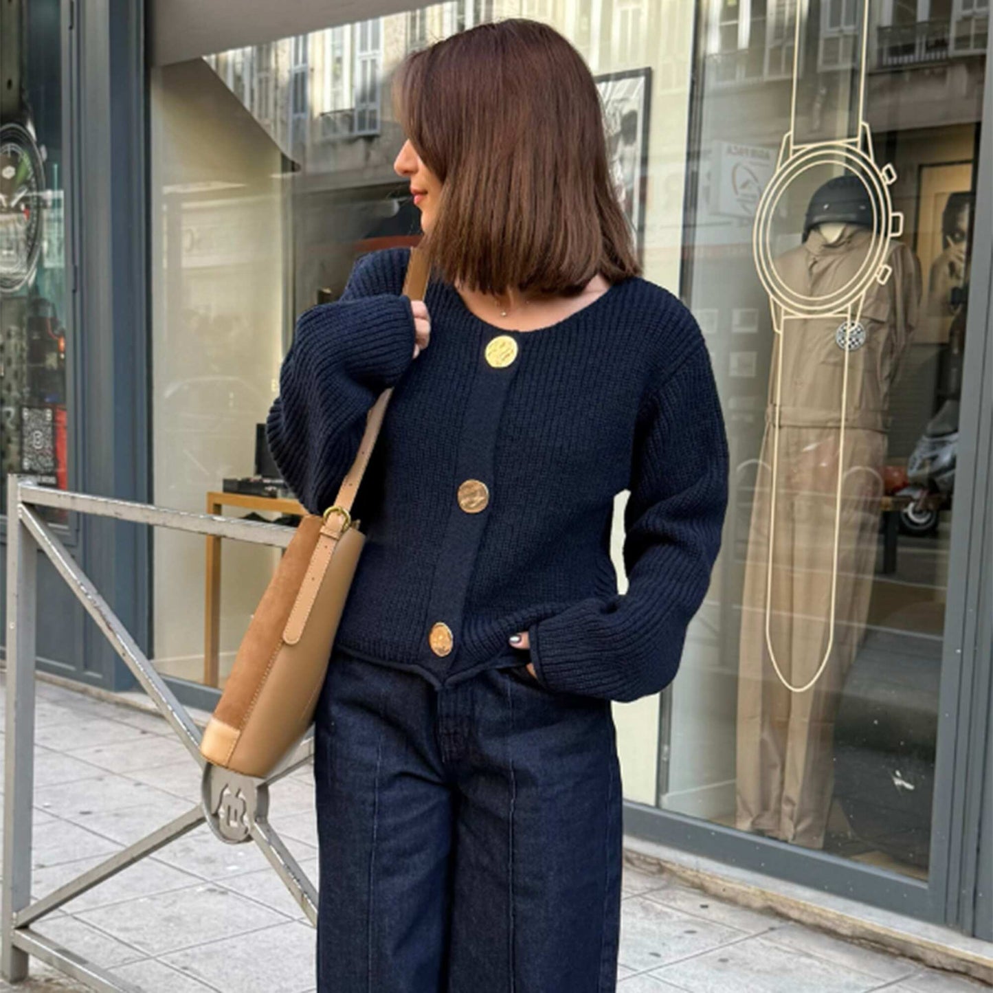 Chunky knit cardigan with large buttons BLUE