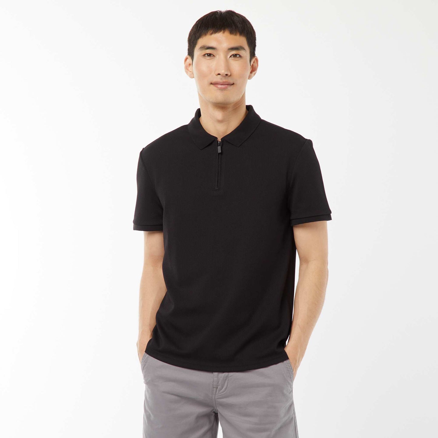 Waffle-knit polo shirt with zip-up neckline BLACK