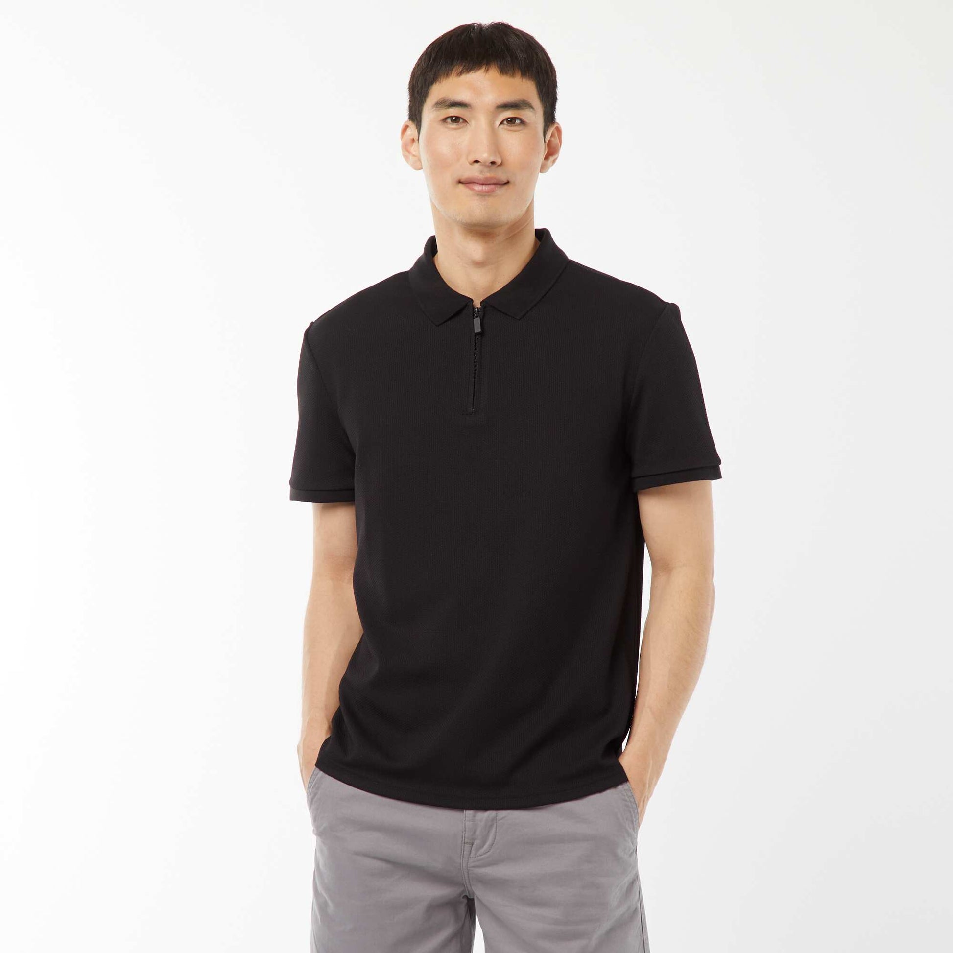 Waffle-knit polo shirt with zip-up neckline BLACK