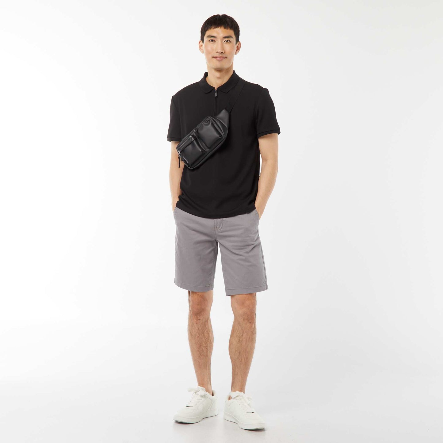 Waffle-knit polo shirt with zip-up neckline BLACK