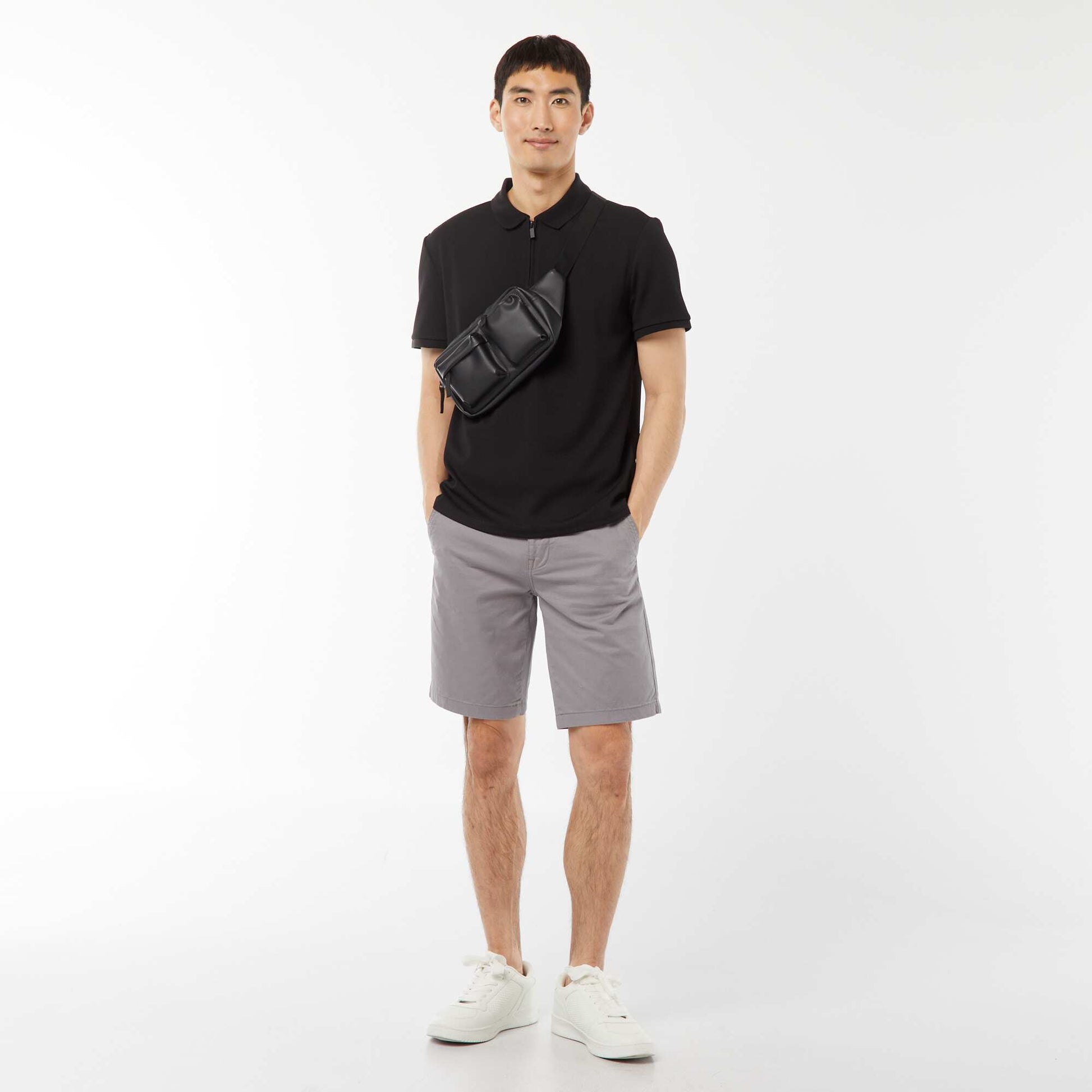Waffle-knit polo shirt with zip-up neckline BLACK