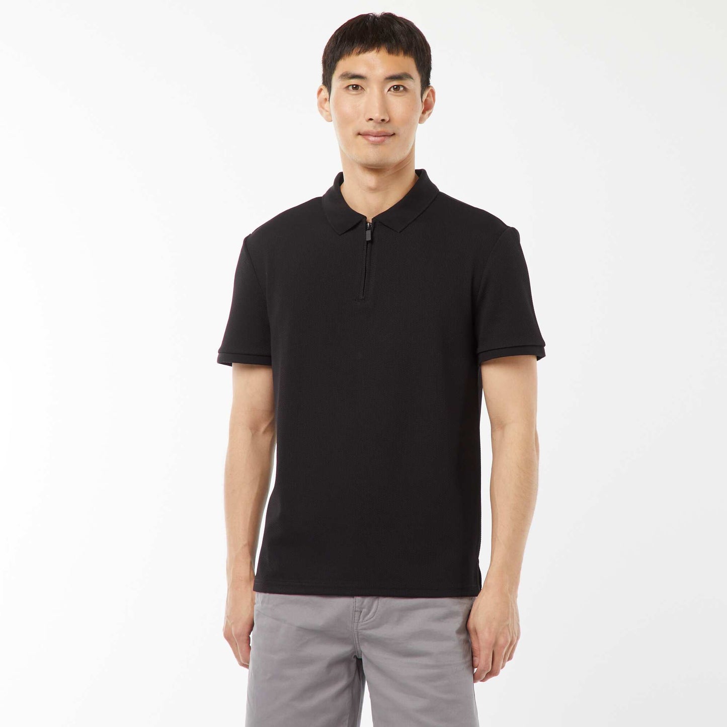Waffle-knit polo shirt with zip-up neckline BLACK