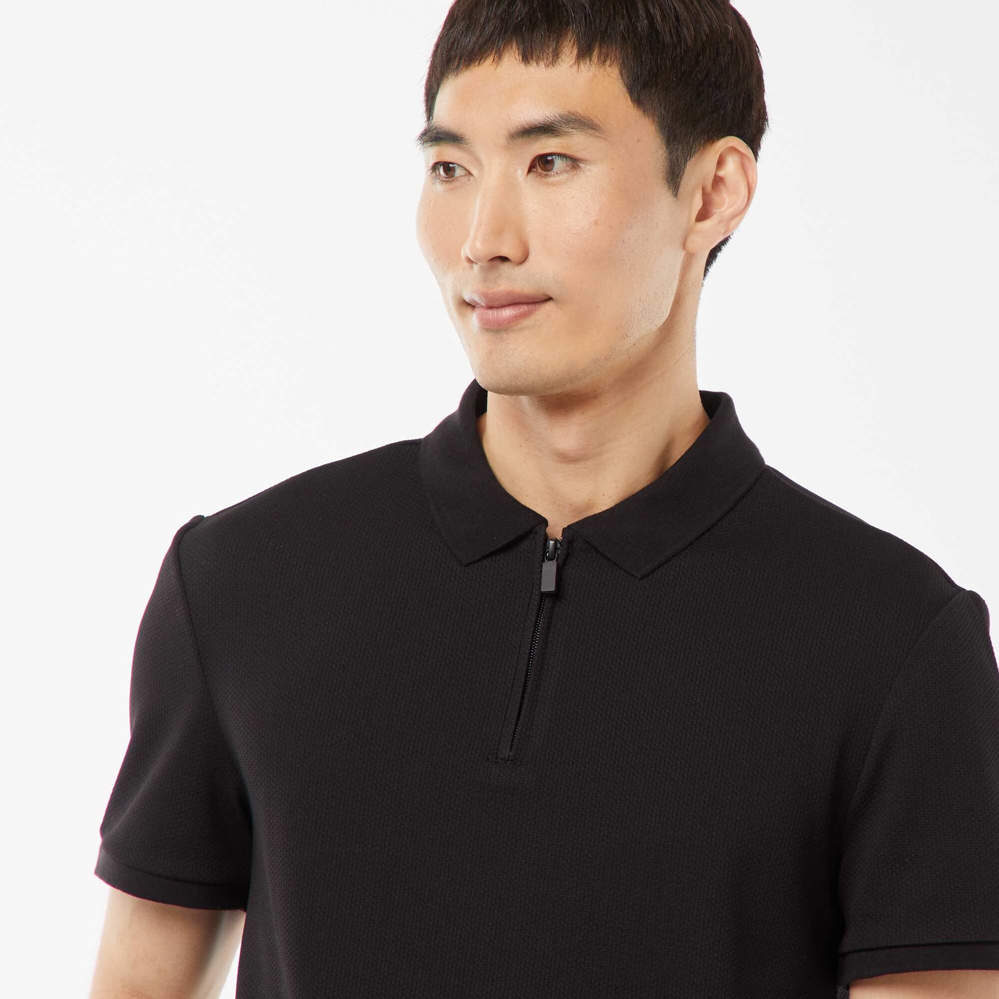Waffle-knit polo shirt with zip-up neckline BLACK