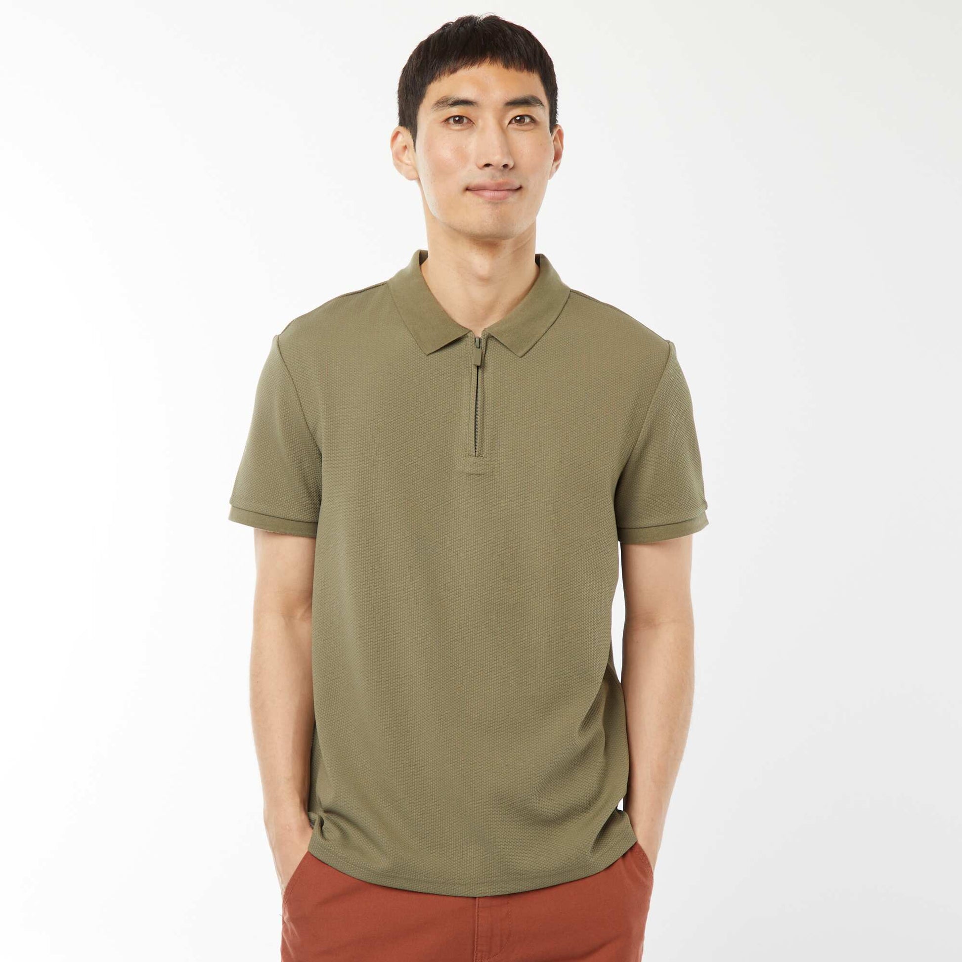 Waffle-knit polo shirt with zip-up neckline GREEN