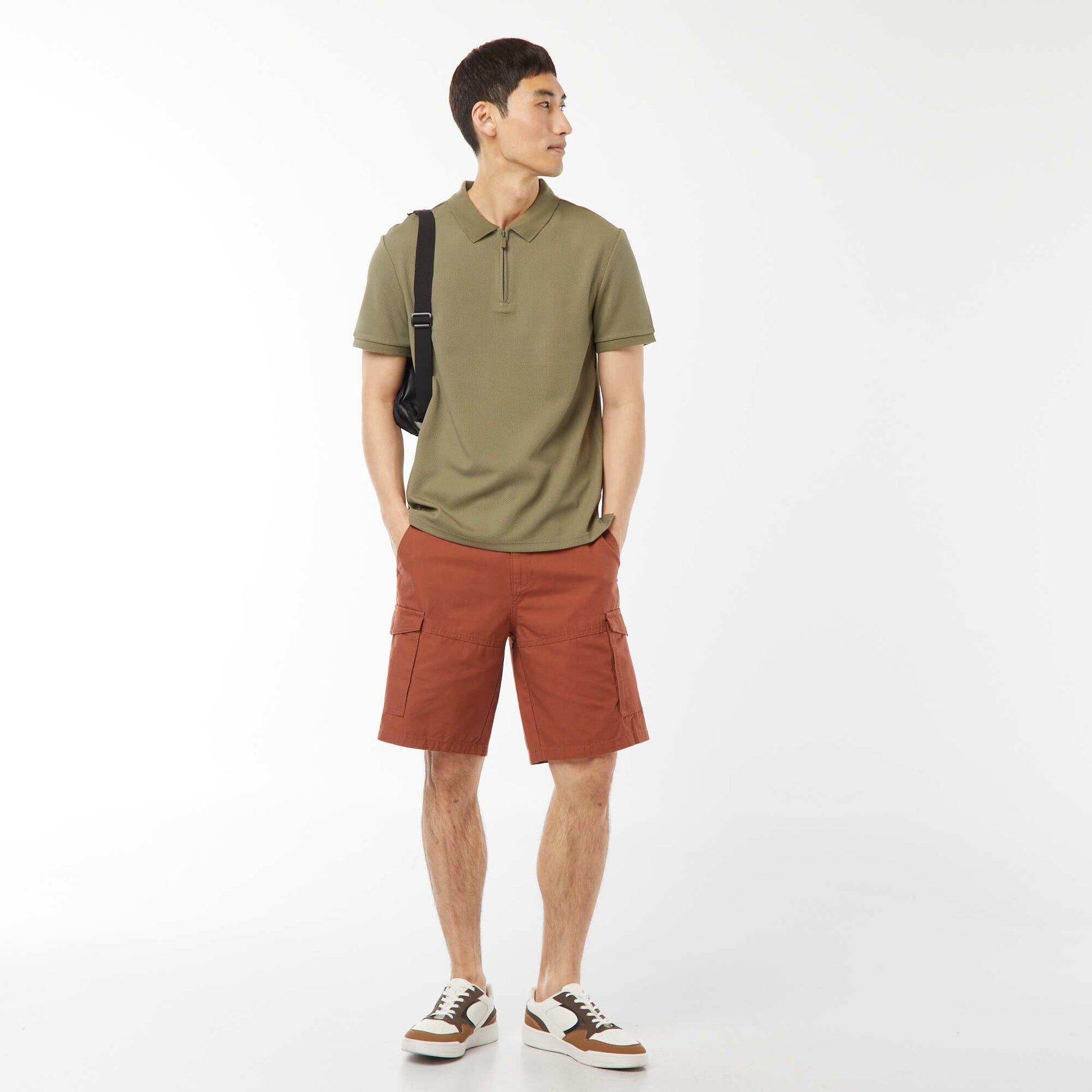 Waffle-knit polo shirt with zip-up neckline GREEN