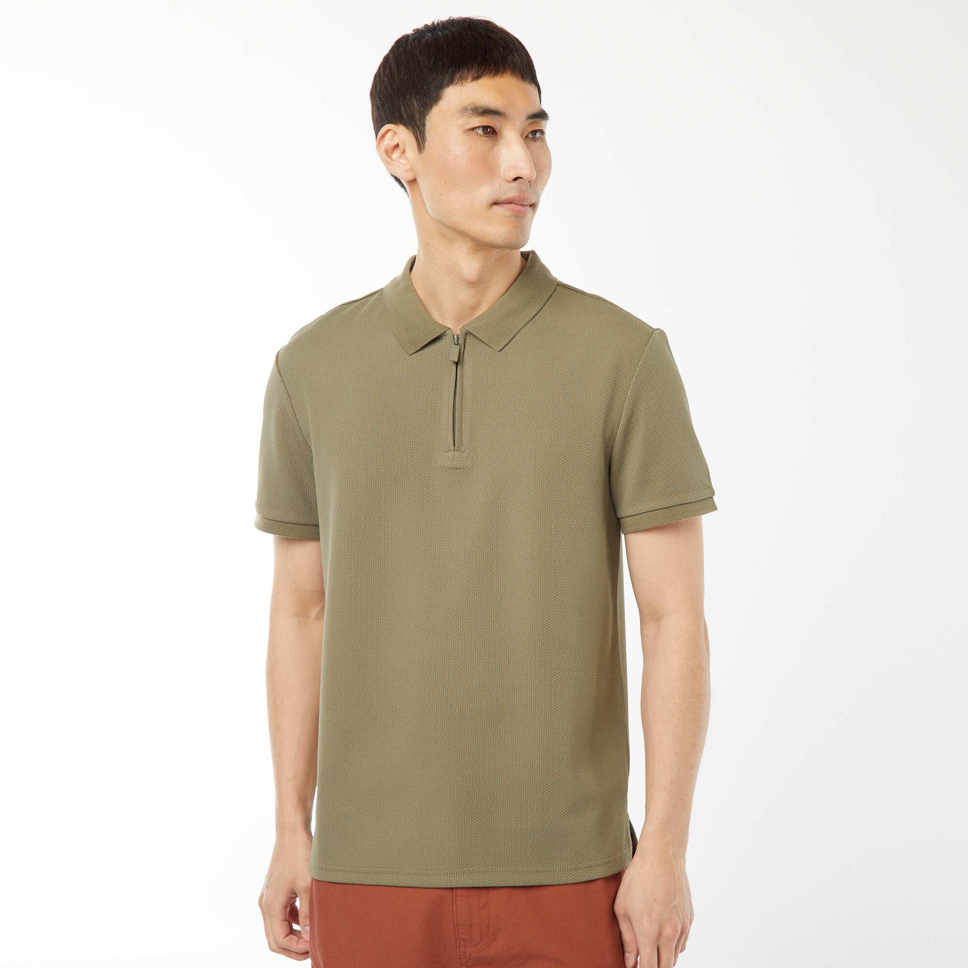 Waffle-knit polo shirt with zip-up neckline GREEN