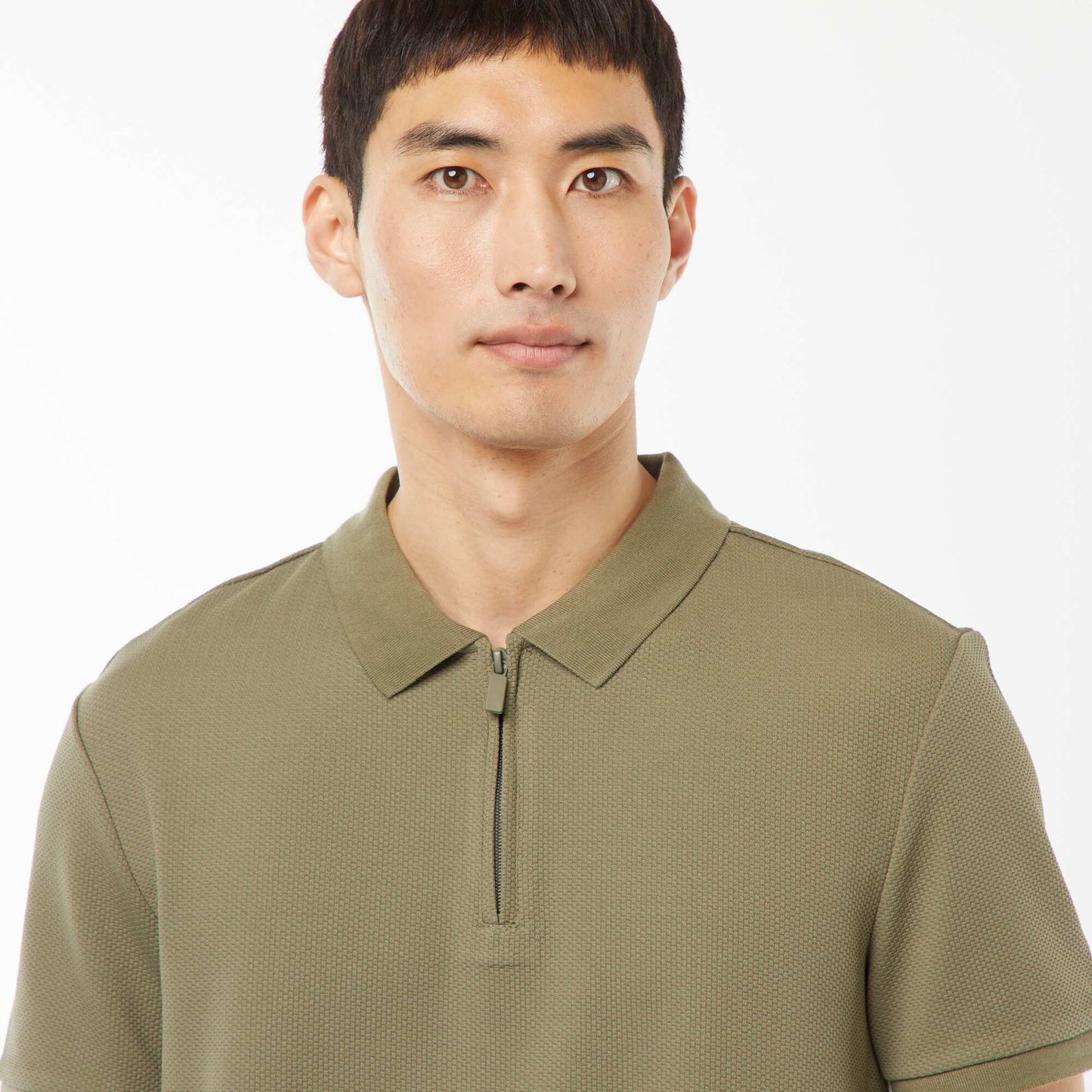 Waffle-knit polo shirt with zip-up neckline GREEN