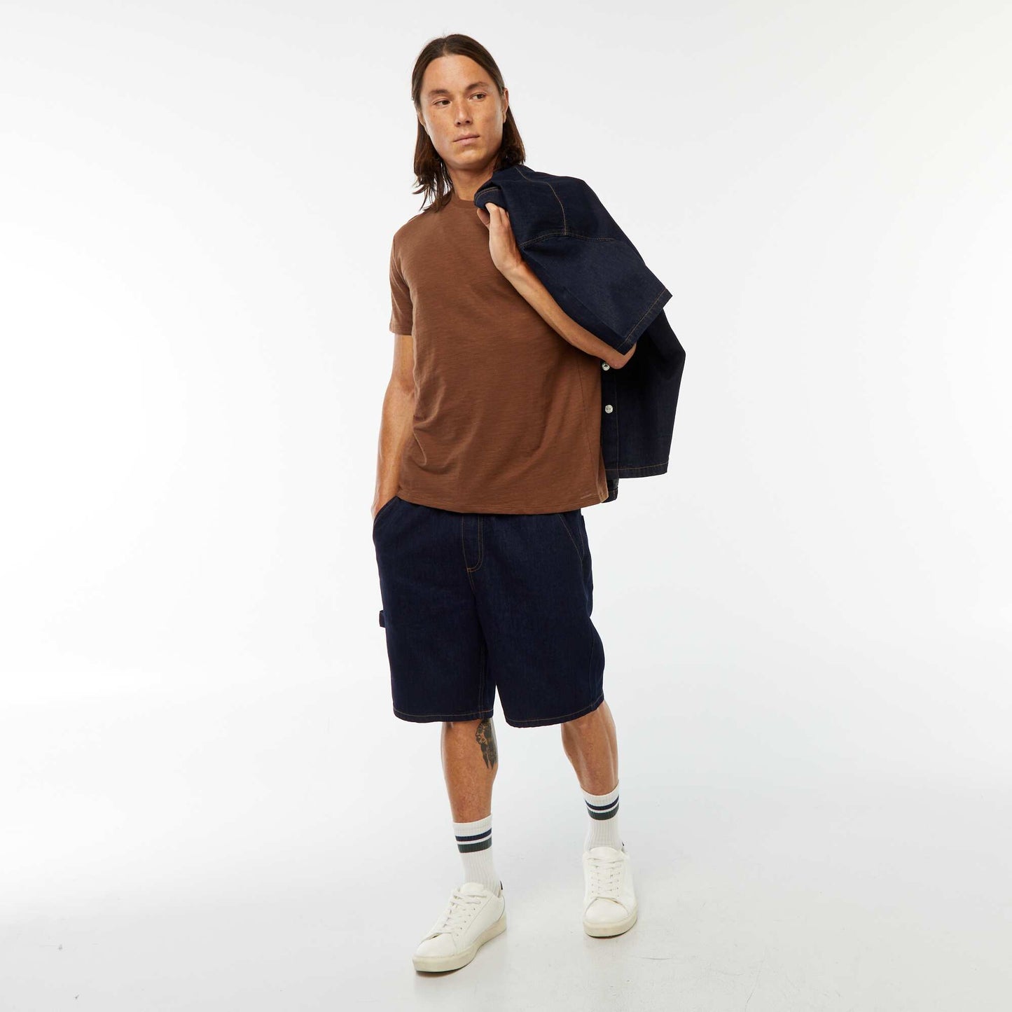 Short-sleeved textured knit T-shirt BROWN