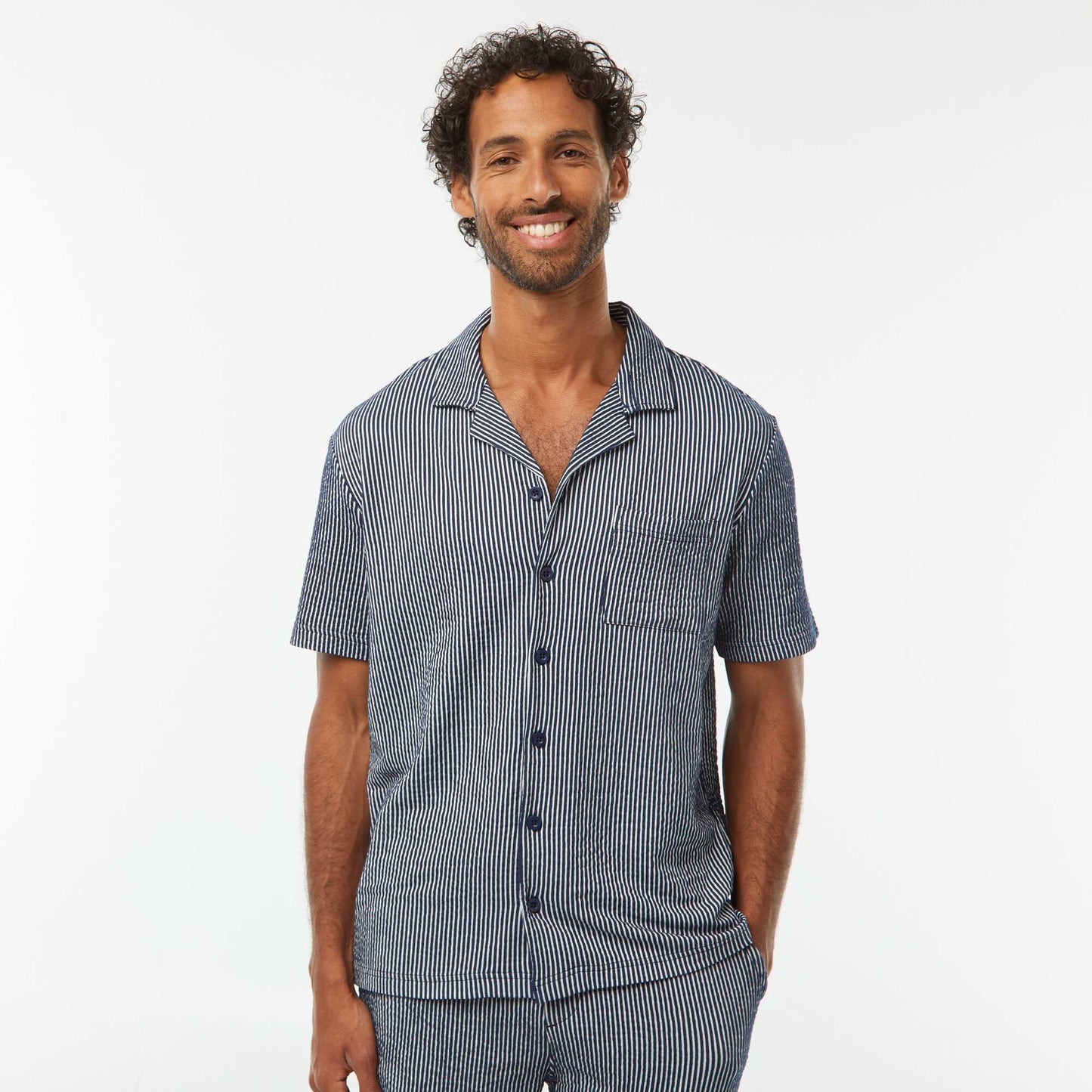 Seersucker-style short-sleeved shirt BLUE