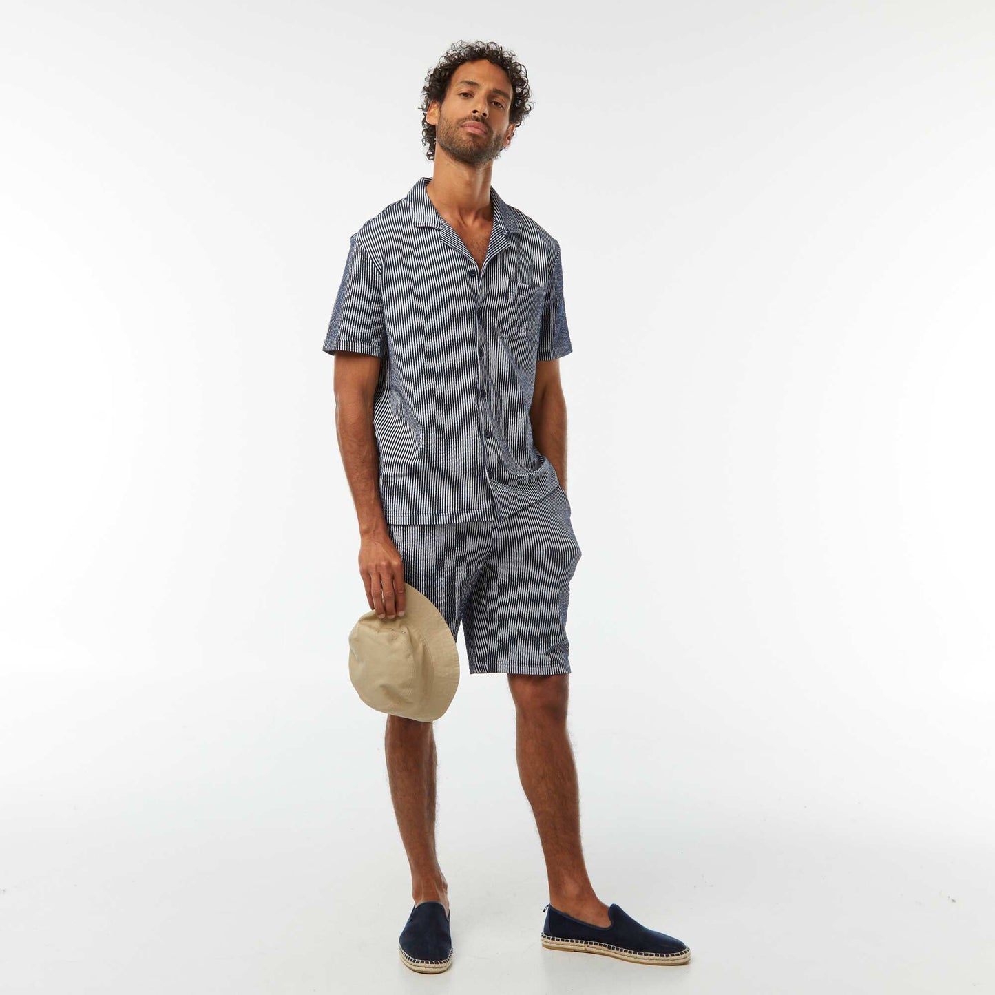 Seersucker-style short-sleeved shirt BLUE