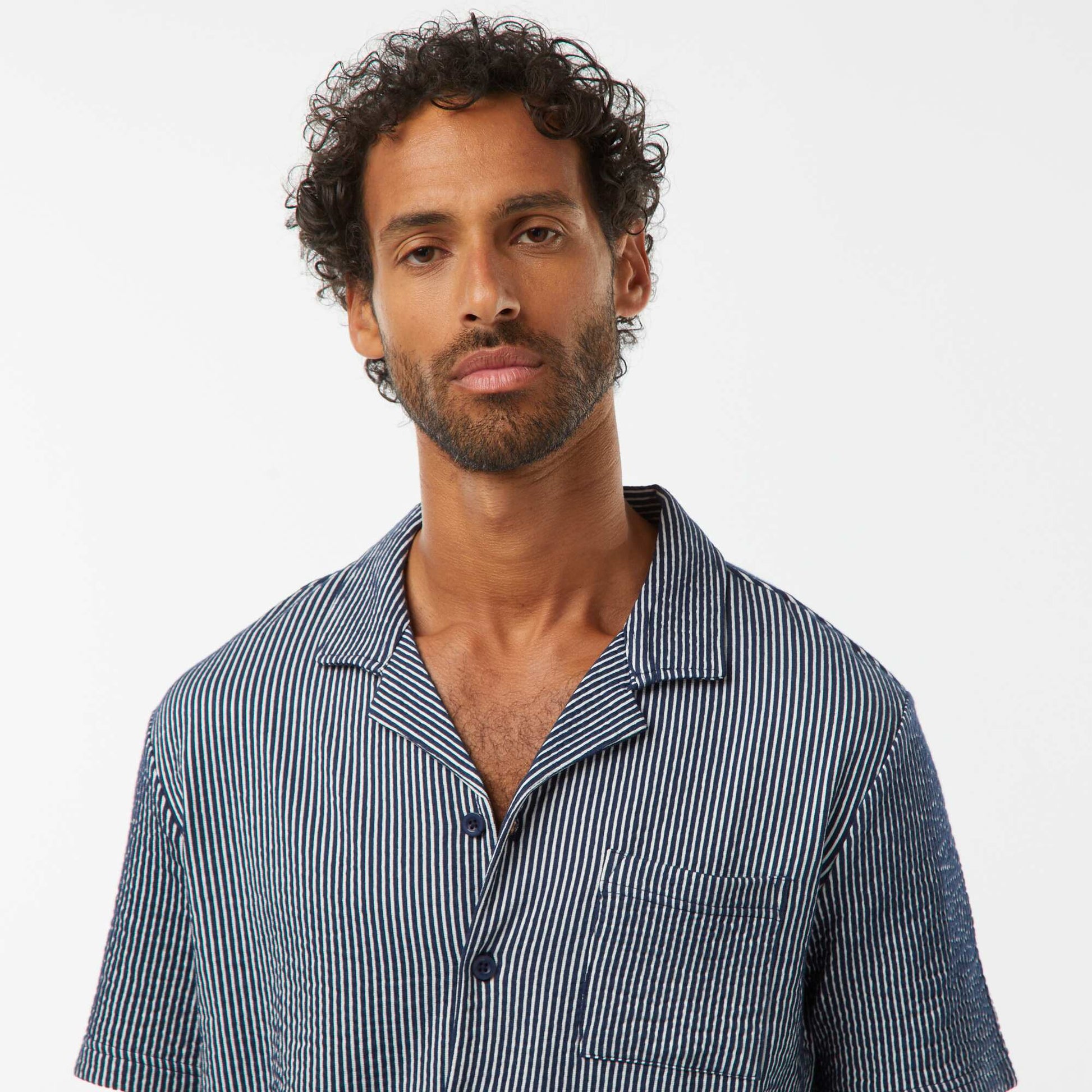 Seersucker-style short-sleeved shirt BLUE