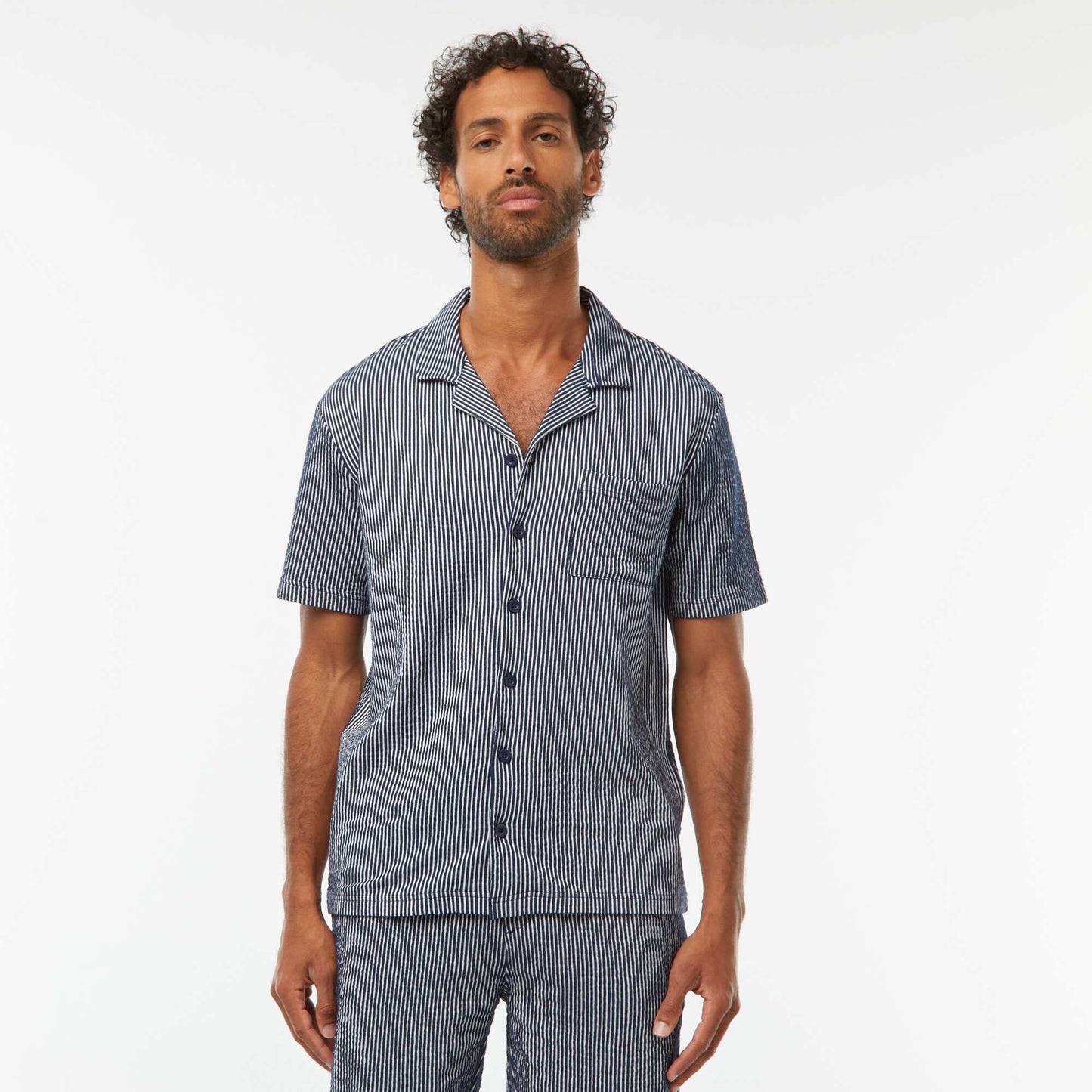 Seersucker-style short-sleeved shirt BLUE