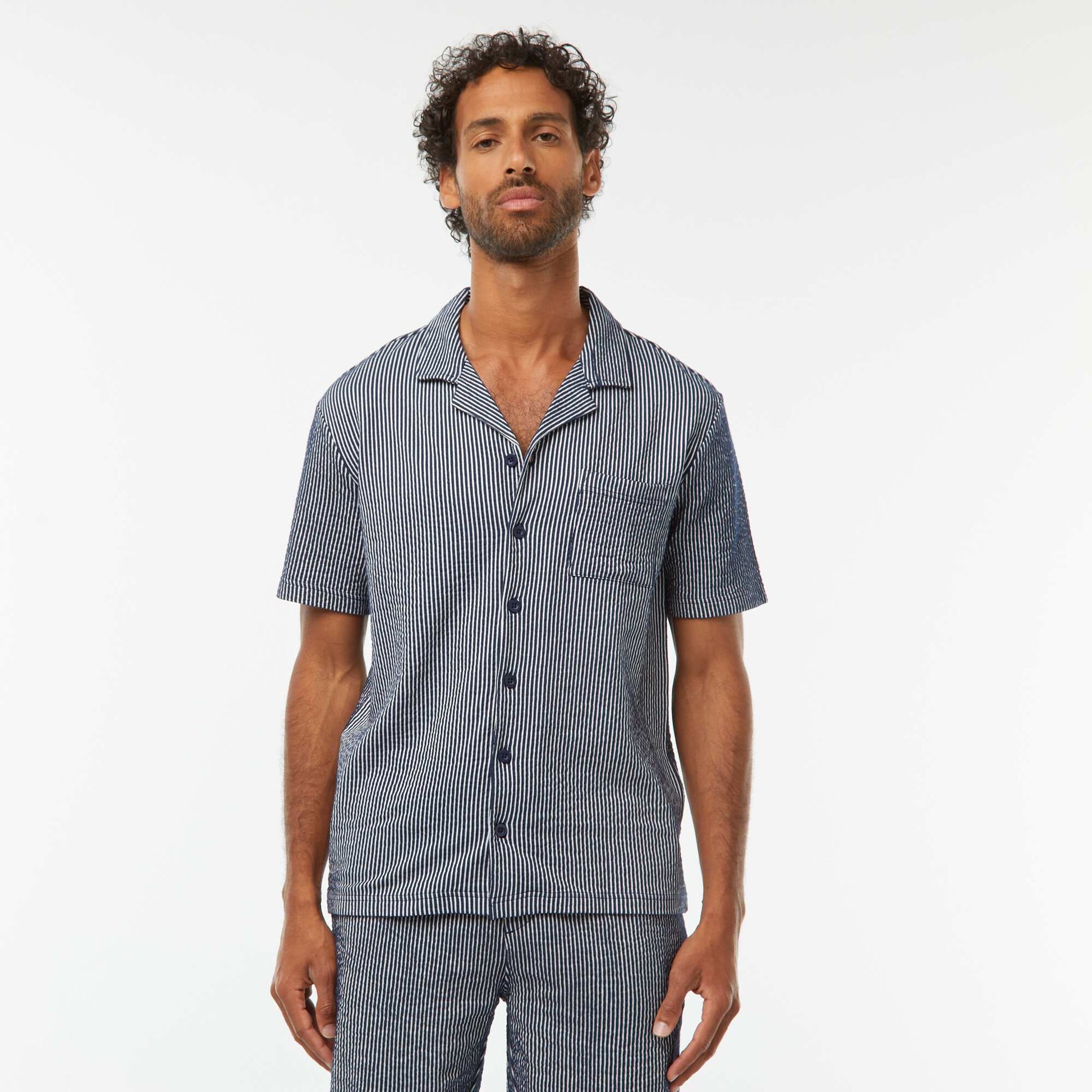 Seersucker-style short-sleeved shirt BLUE