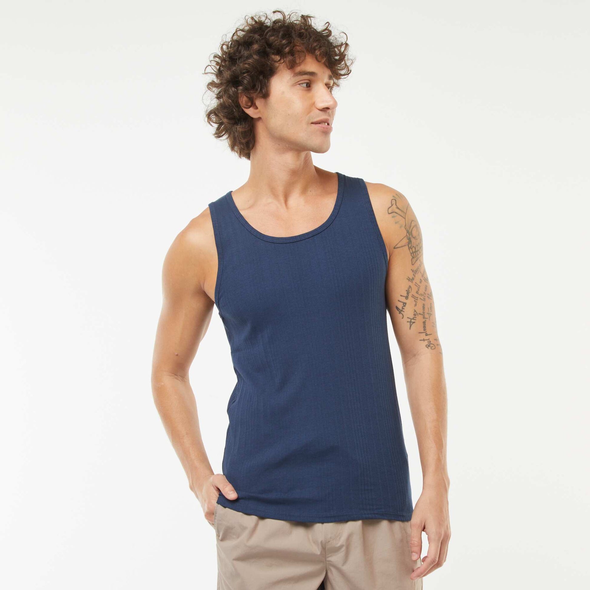 Plain vest top in ribbed knit fabric BLUE