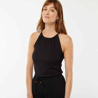 Waffle-knit vest top with adjustable straps BLACK