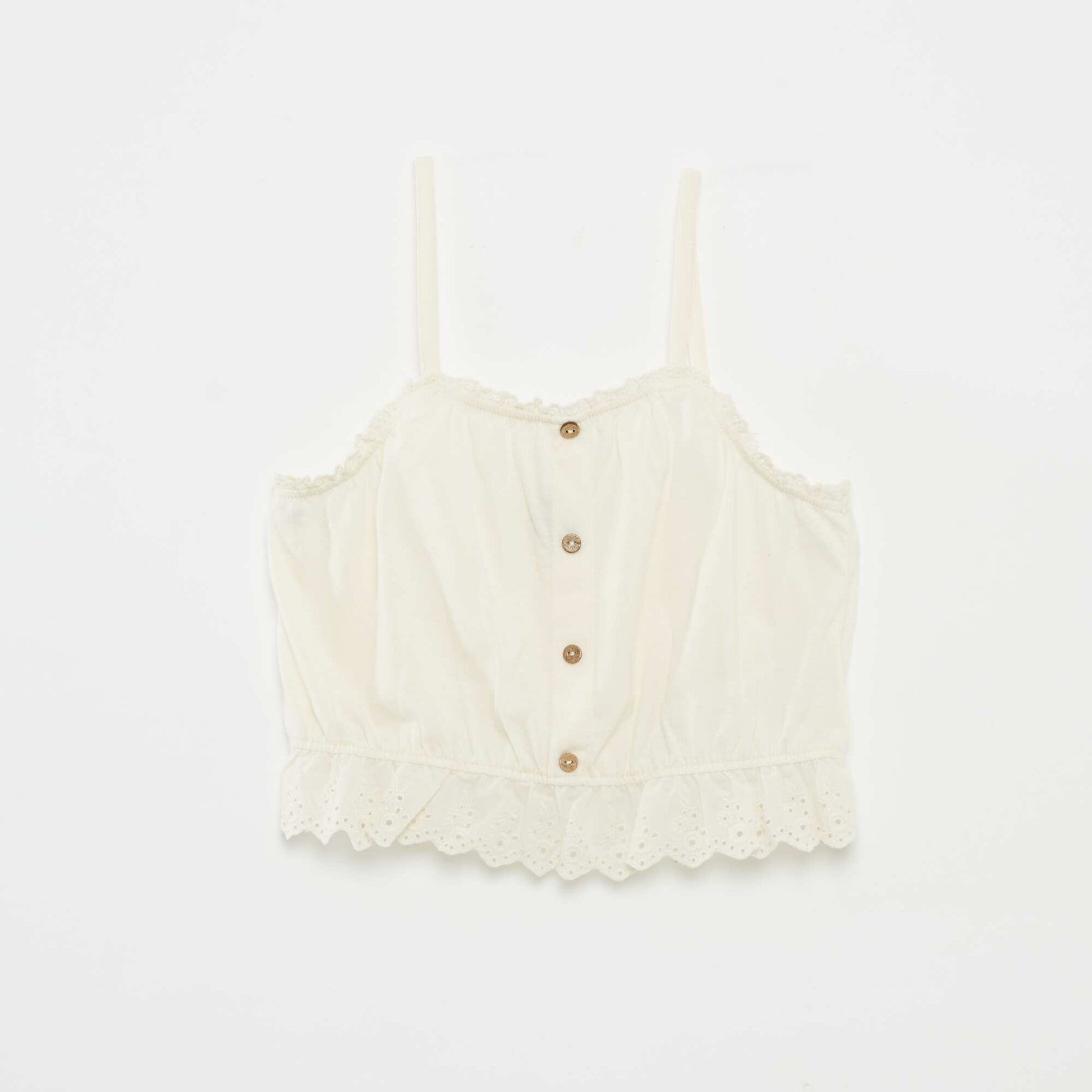 Ruffled vest top with broderie anglaise WHITE