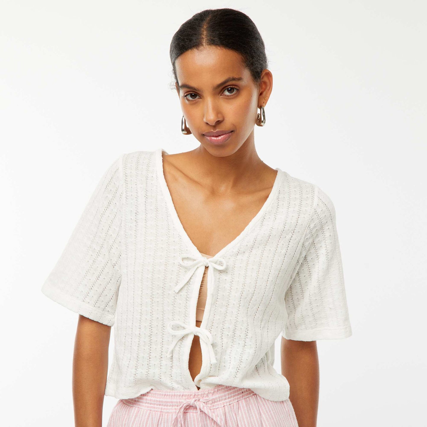 Cropped openwork pointelle knit T-shirt BEIGE