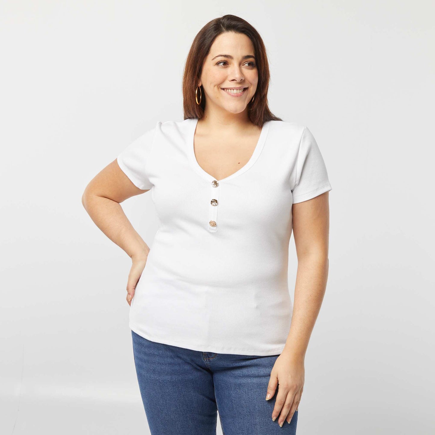 Ribbed T-shirt with buttoned neck WHITE