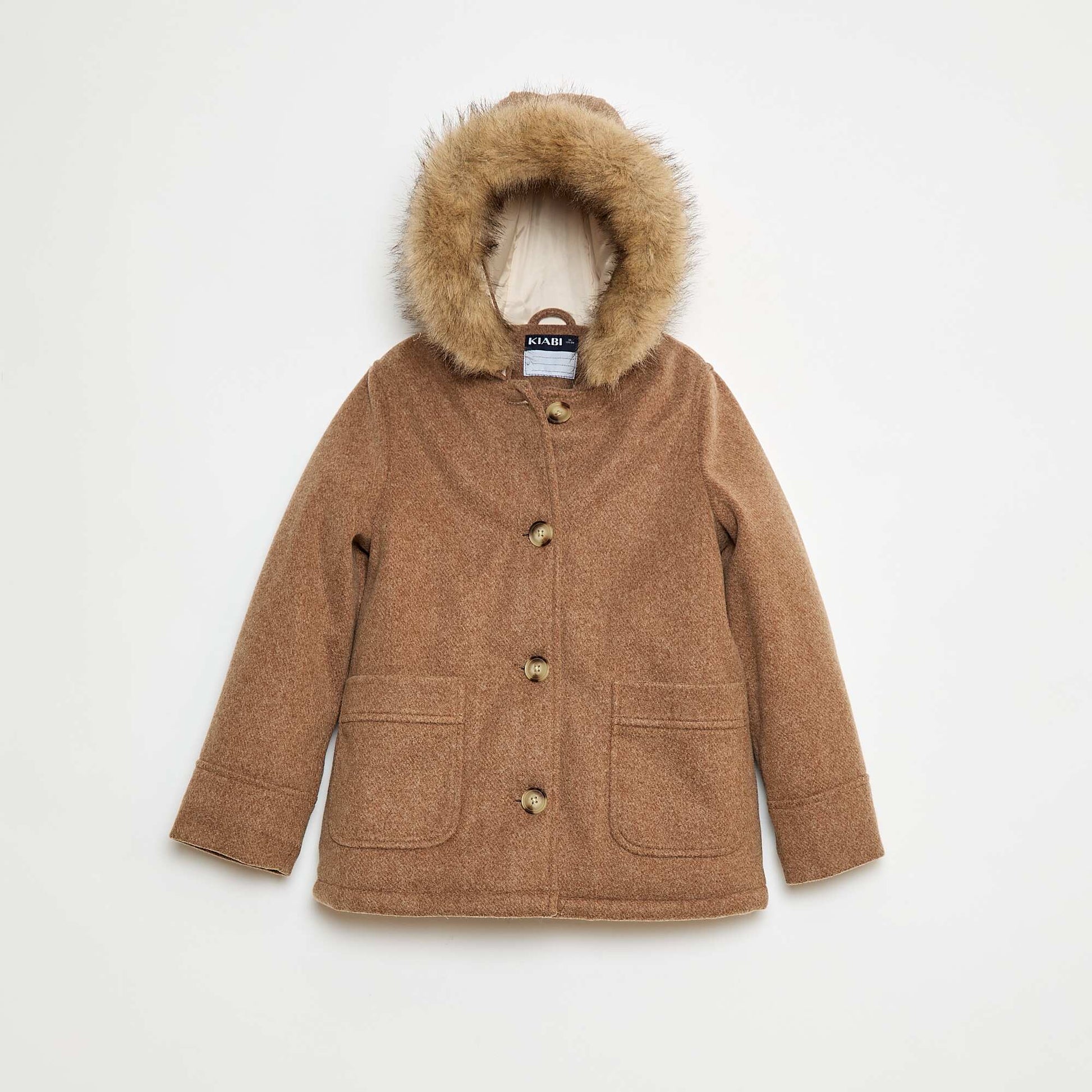 Wool-Look Hooded Coat BROWN