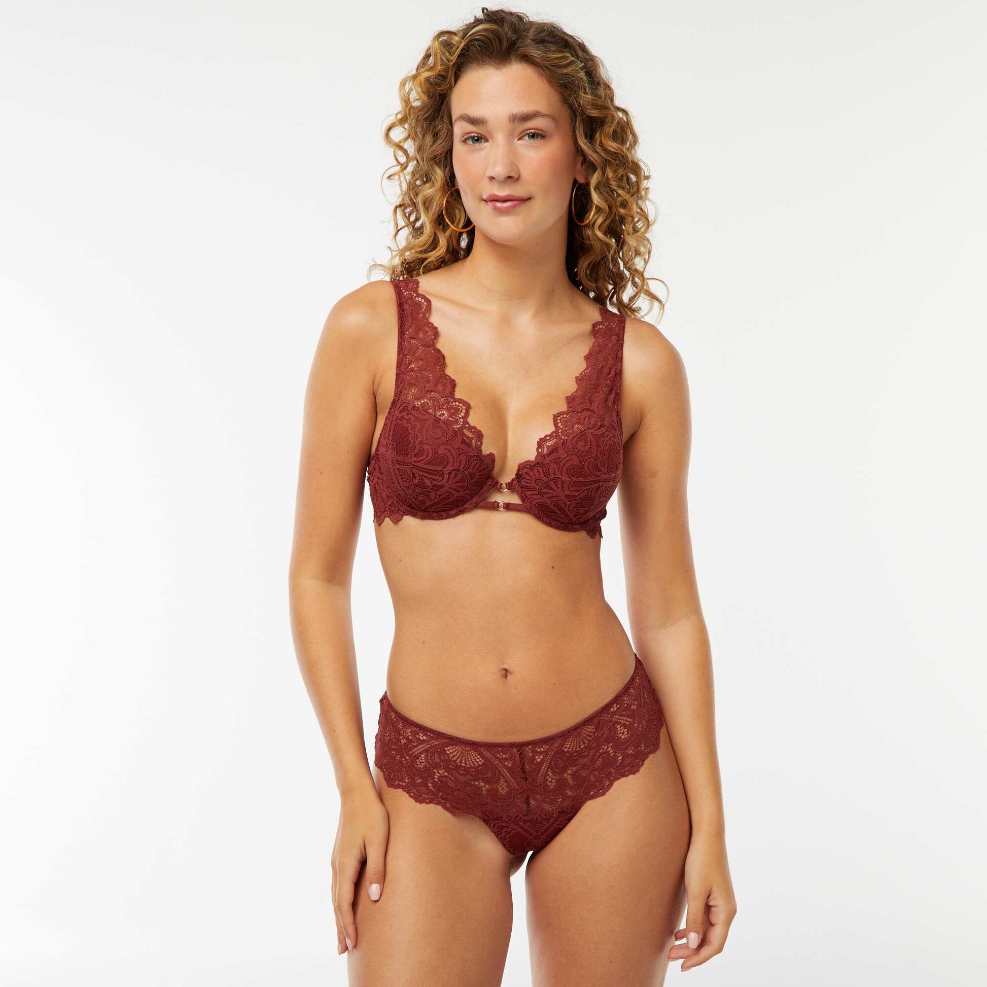 Sheer lace tanga briefs with decorative jewel RED