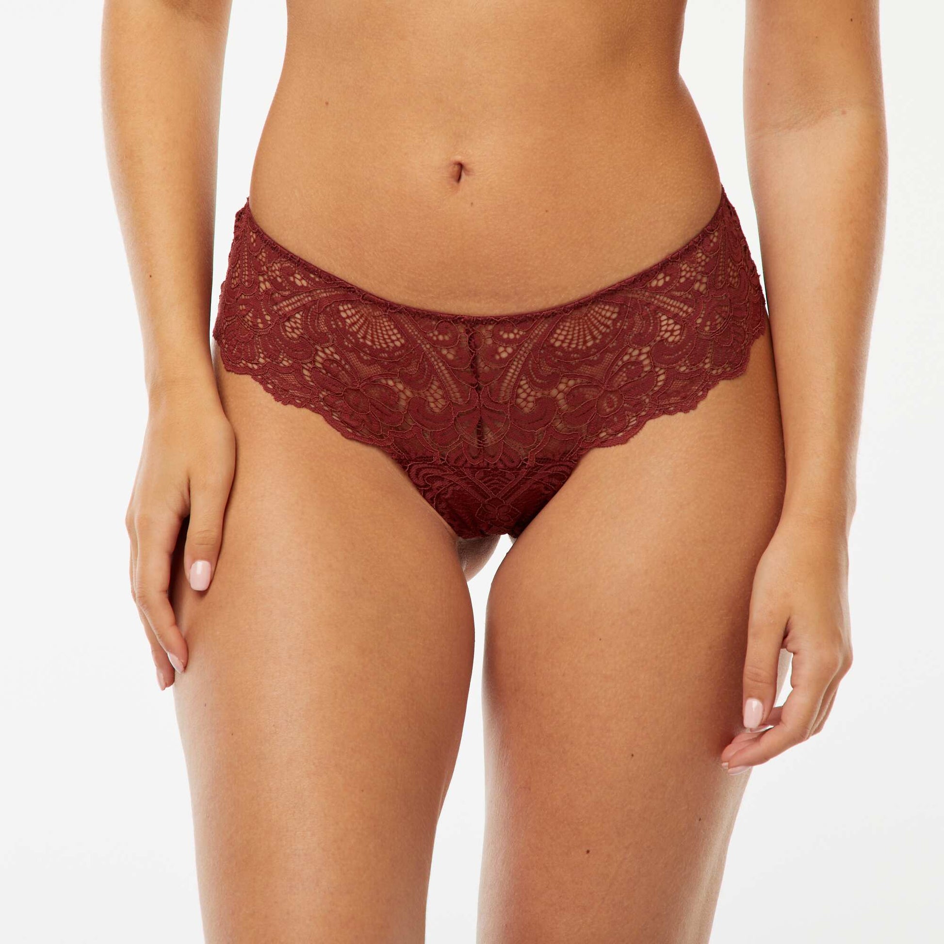 Sheer lace tanga briefs with decorative jewel RED