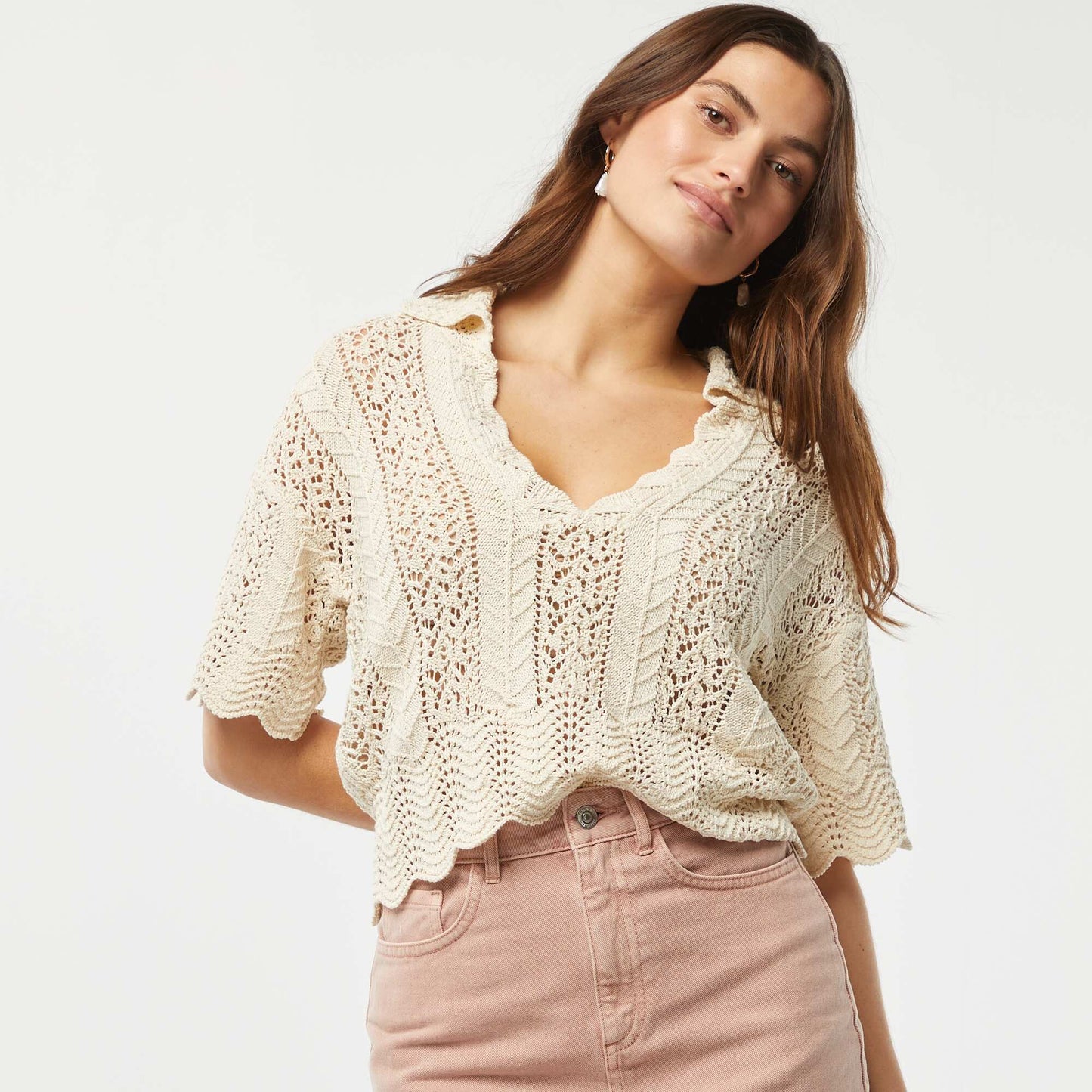 Openwork sweater with polo collar BEIGE