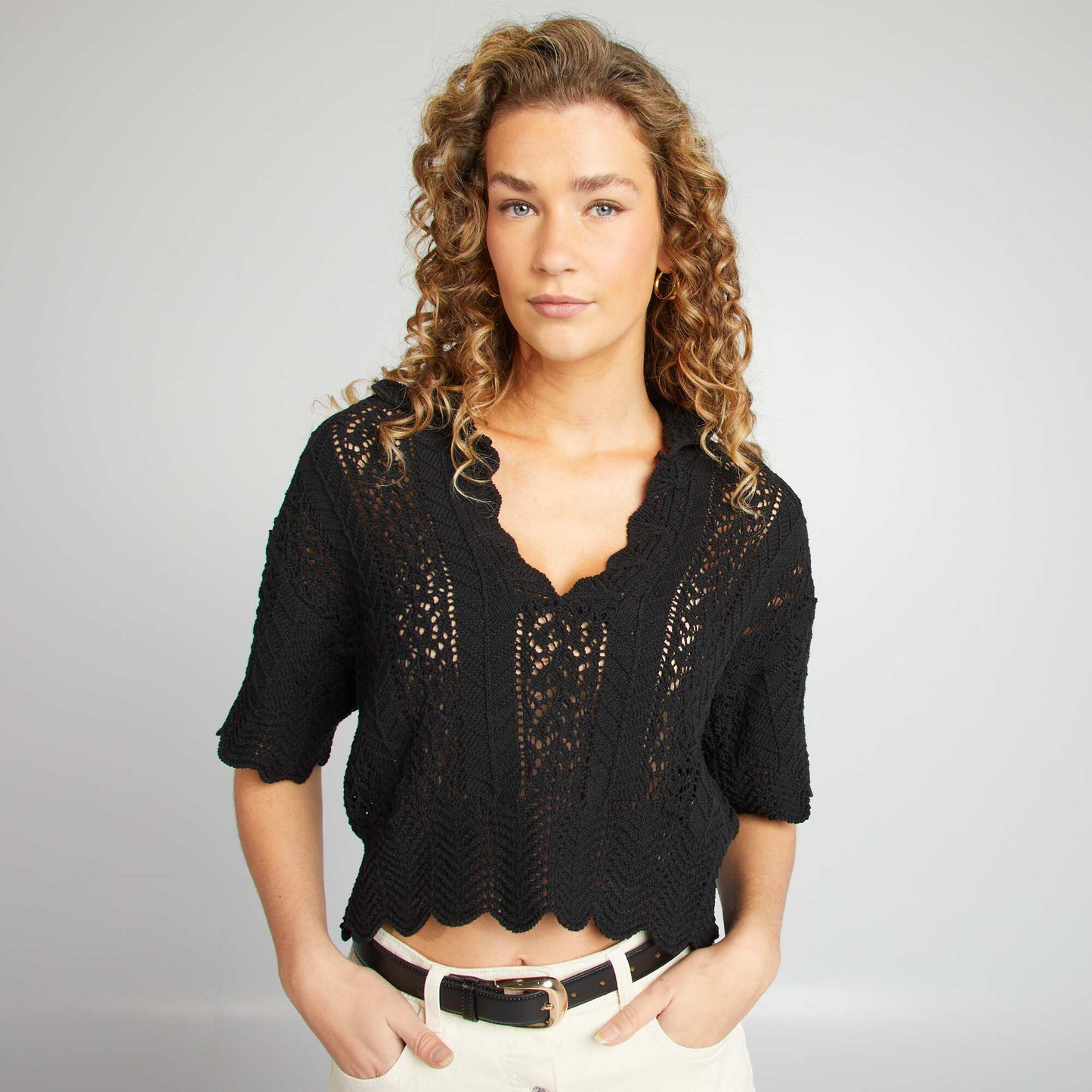 Openwork sweater with polo collar BLACK