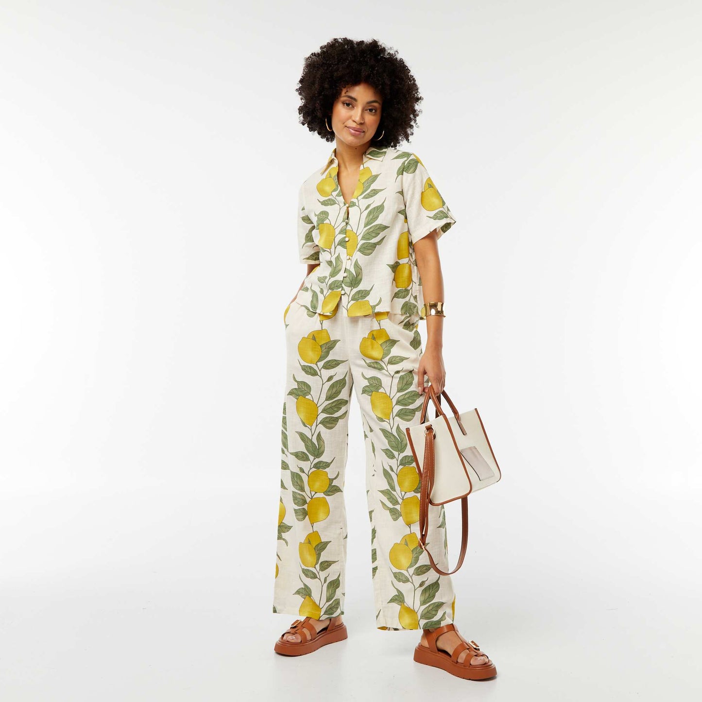 Flowing wide-leg trousers with lemon print BEIGE