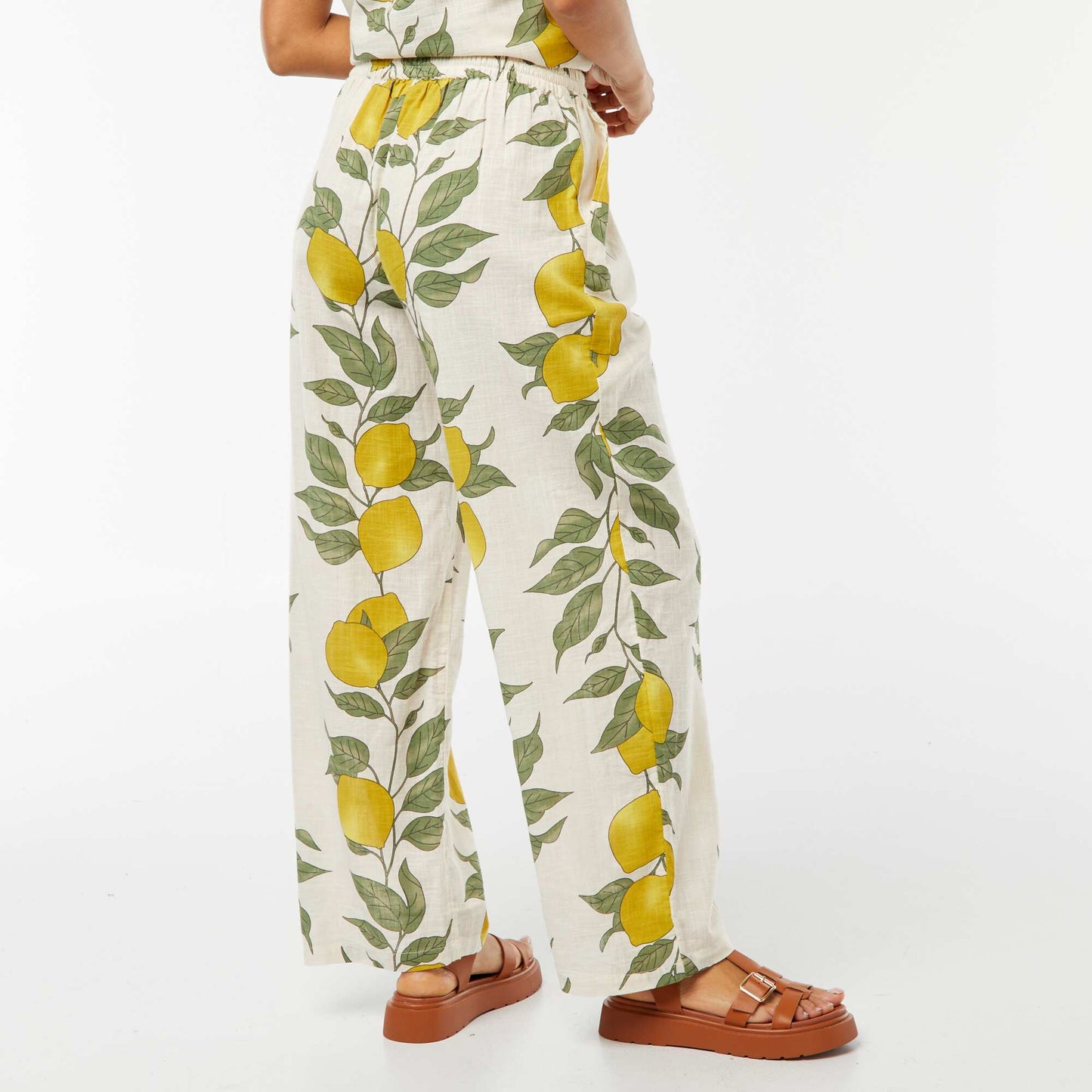 Flowing wide-leg trousers with lemon print BEIGE